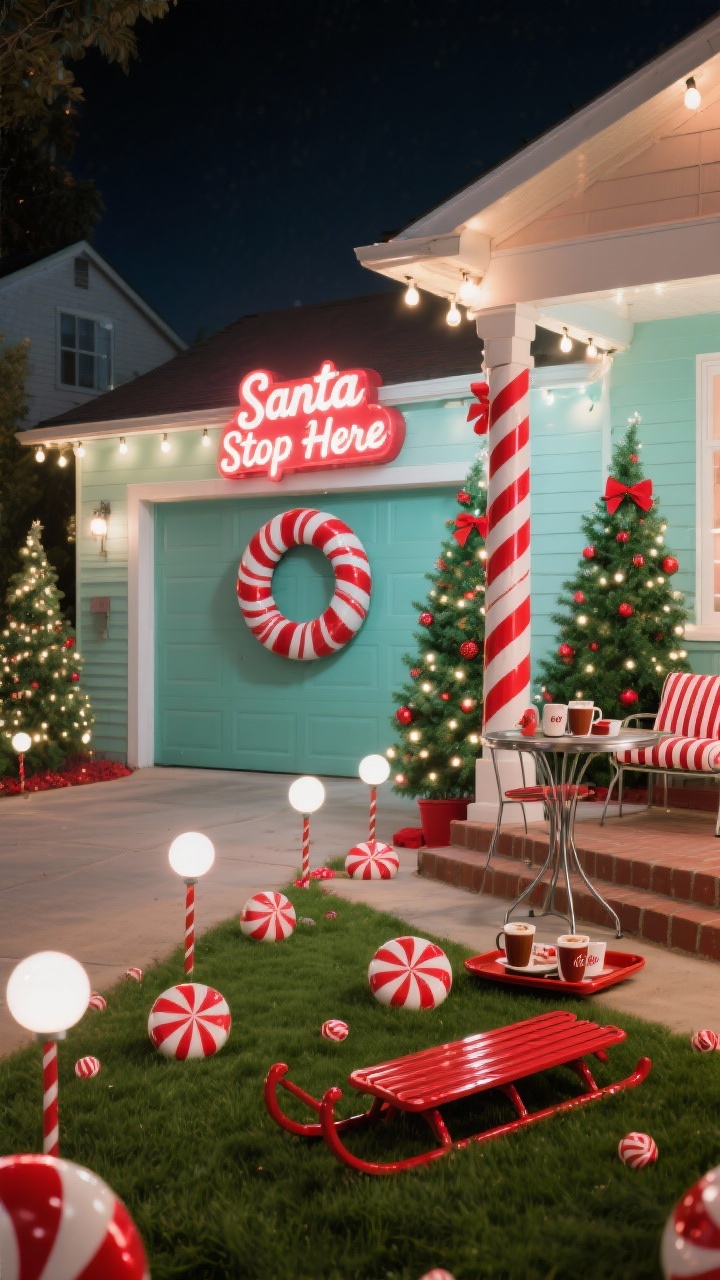 Photorealistic wide driveway shot of a Retro Candy-Cane scene at night, slight corner angle for depth: driveway lined with candy-cane stakes and alternating red-and-white globe lights; porch posts wrapped with spiraled red ribbon to mimic candy canes; a giant peppermint wreath centered on the garage door; on the lawn, a retro “Santa Stop Here” marquee sign glowing; two vintage-style lit Christmas trees with big shiny C9 bulbs; scattered oversized peppermint “candies” on the grass; a red metal sled by the steps; a metal bistro set on the porch with striped cushions and a tray of faux hot cocoa mugs for a soda-shop vibe. Colors: red, white, pops of jade green. Textures: glossy stripes, enamel metal, shiny bulbs. Bright, playful lighting.