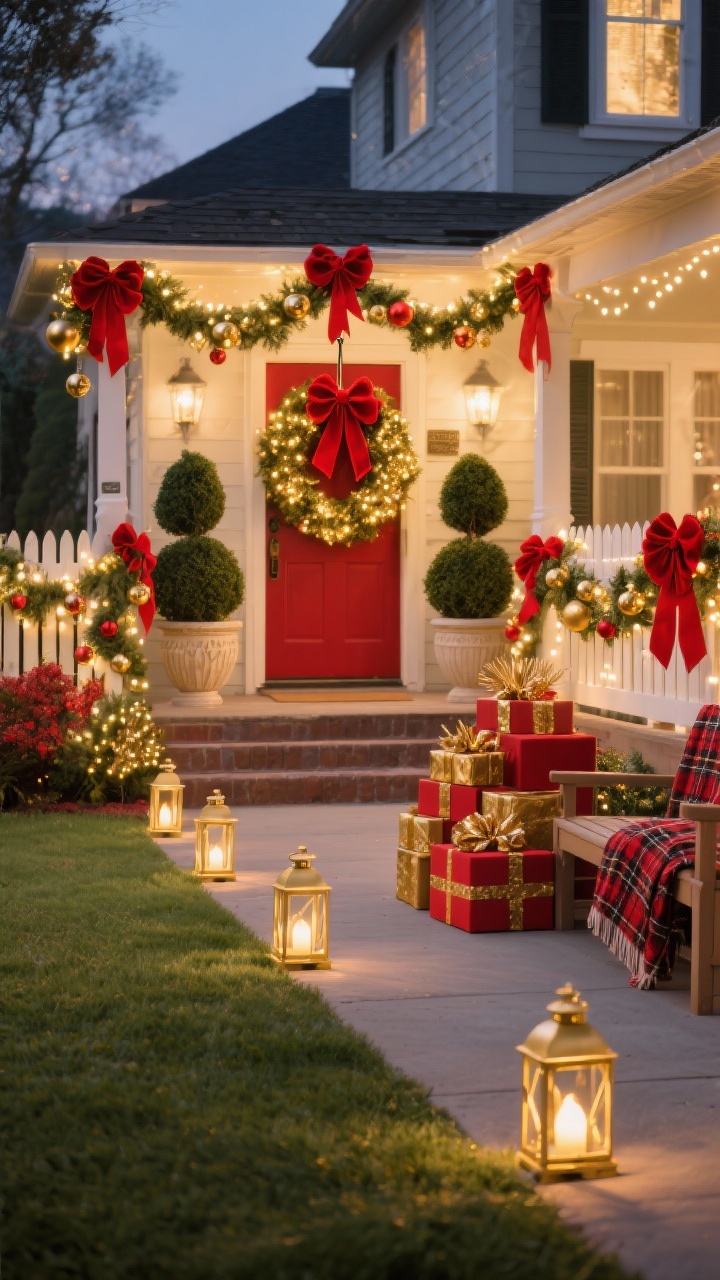 Photorealistic wide exterior shot of a Classic Red & Gold front lawn at evening: a walkway lined with gold staked lanterns glowing warmly; porch and fence swagged with lush evergreen garland studded with oversized red velvet bows and gold shatter-proof ornaments; two pre-lit topiaries in urns flanking the front door with red ribbon and gold picks; in the yard, a large traditional lighted wreath mounted on a shepherd’s hook as a focal point; a porch bench with a plaid throw blanket; a neat stack of weatherproof wrapped “gift boxes” on the steps. Color palette: red, gold, evergreen. Textures: velvet, glossy ornaments, classic plaid. Lighting: warm white string lights and lanterns, golden curb-appeal glow.
