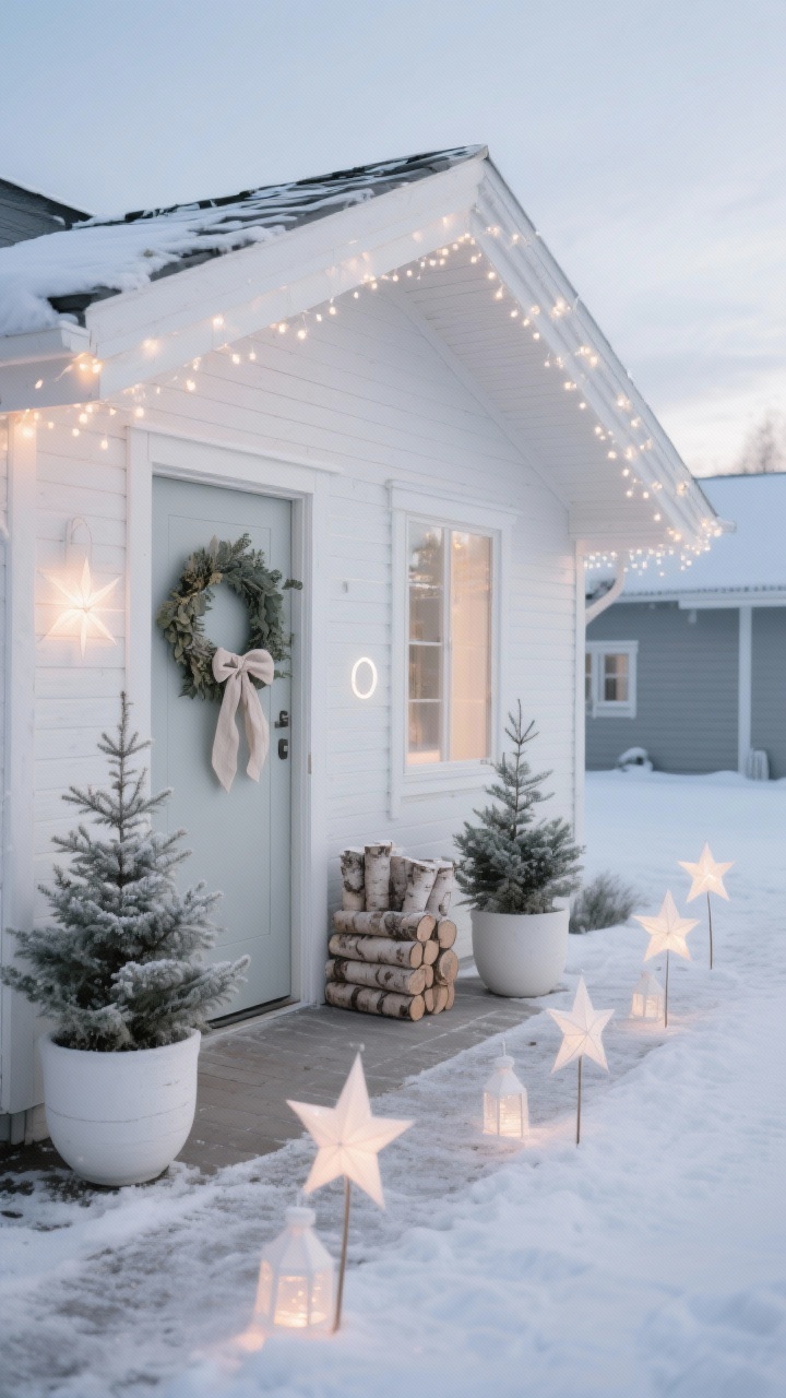 Photorealistic wide exterior shot with calm Nordic minimalism, corner angle: rooflines and eaves traced with soft warm-white micro LED white twinkle lights; by the door, birch log bundles tied in natural linen ribbon; frosted potted evergreens in white ceramic planters; a clean circle wreath with eucalyptus and an understated linen bow on a light-colored door; along the pathway, weather-safe paper star lanterns staked for a soft, snowy glow; restrained palette of matte whites, soft grays, and natural wood; simple shapes—stars, circles, clean lines; quiet winter dusk lighting, gentle diffusion, no people.