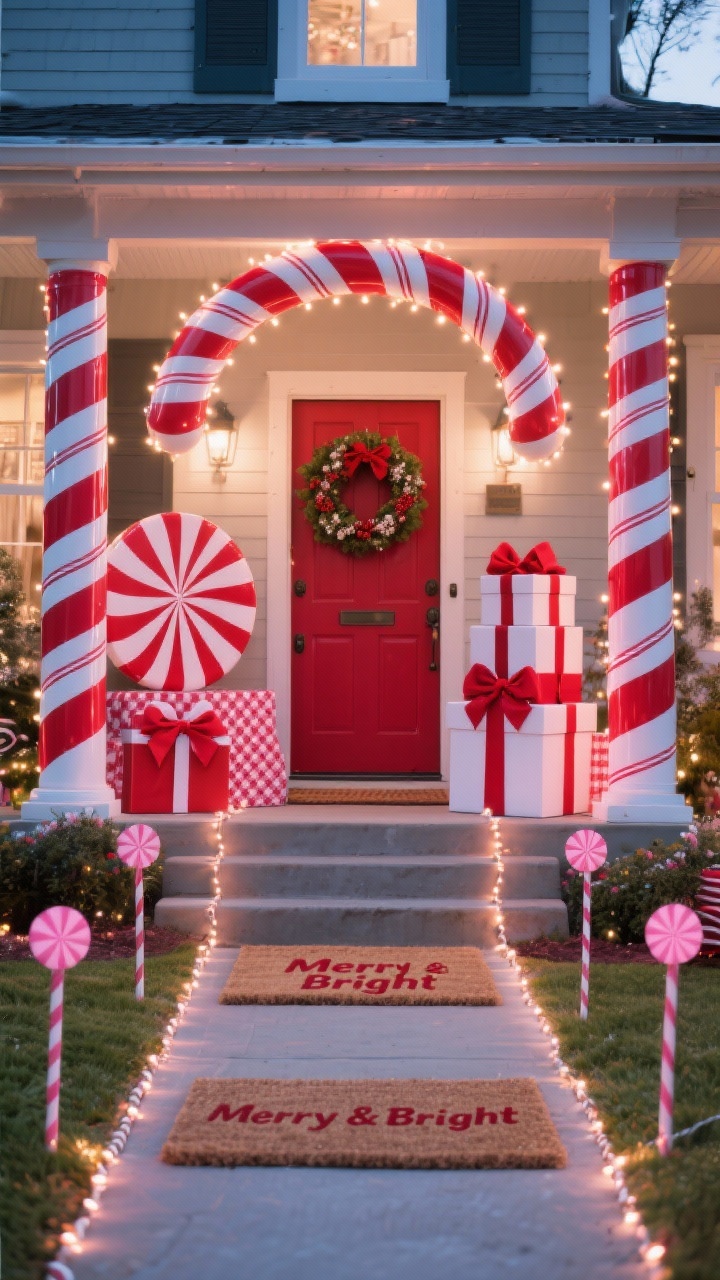 Photorealistic wide front-walkway and porch scene, straight-on: playful Candy Cane Lane theme with porch columns wrapped in red-and-white candy cane ribbon; oversized peppermint disc yard stakes leading to the steps; a gingham doormat layered under a “Merry & Bright” coir mat; rope lights tracing the walkway; an animated LED candy cane arch spanning over the path; by the door, stacked giant glossy red-and-white gift boxes topped with big bows; a striped wreath on the door; color palette of red, white, and a dash of peppermint pink; twinkly pathway stakes and rope light glow at twilight; no people.
