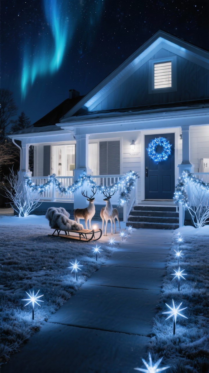 Photorealistic wide front yard nightscape, slightly elevated angle: driveway and walkway outlined with starlight pathway stakes; clusters of twig starbursts that pulse gently across the lawn; a lit sled near the porch with faux fur blankets draped inside; a glowing reindeer duo positioned prominently; subtle aurora-style projector casting soft, moving blue and cool-white light across the home’s facade; frosted garlands along the railing; a silver-and-blue wreath on the door; color palette of silver, icy blue, and midnight navy; celestial shimmer with cool-white and blue lighting; crisp winter night sky; no people.