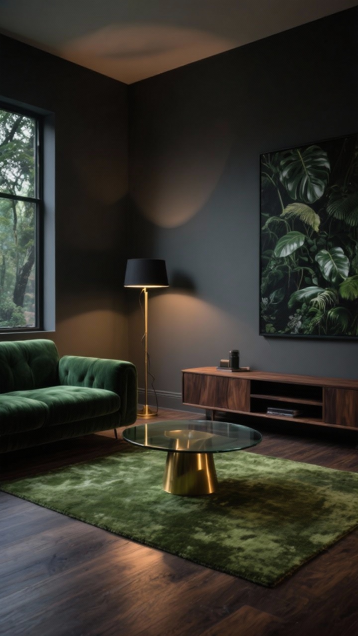 Photorealistic wide living room shot, moody “Modern Forest” vibe: a deep forest green velvet couch against soft charcoal matte walls, warm pool of light from a tall black-and-brass floor lamp, tonal moss/olive green rug anchoring the seating, sleek brass-accent coffee table with smoked glass top, walnut media console and low-profile dark wood shelf, minimal decor, oversized botanical art with dark backgrounds, dark wood floors, subdued evening lighting with warm lamp glow and soft shadows, camera at eye level, straight-on composition, no people.