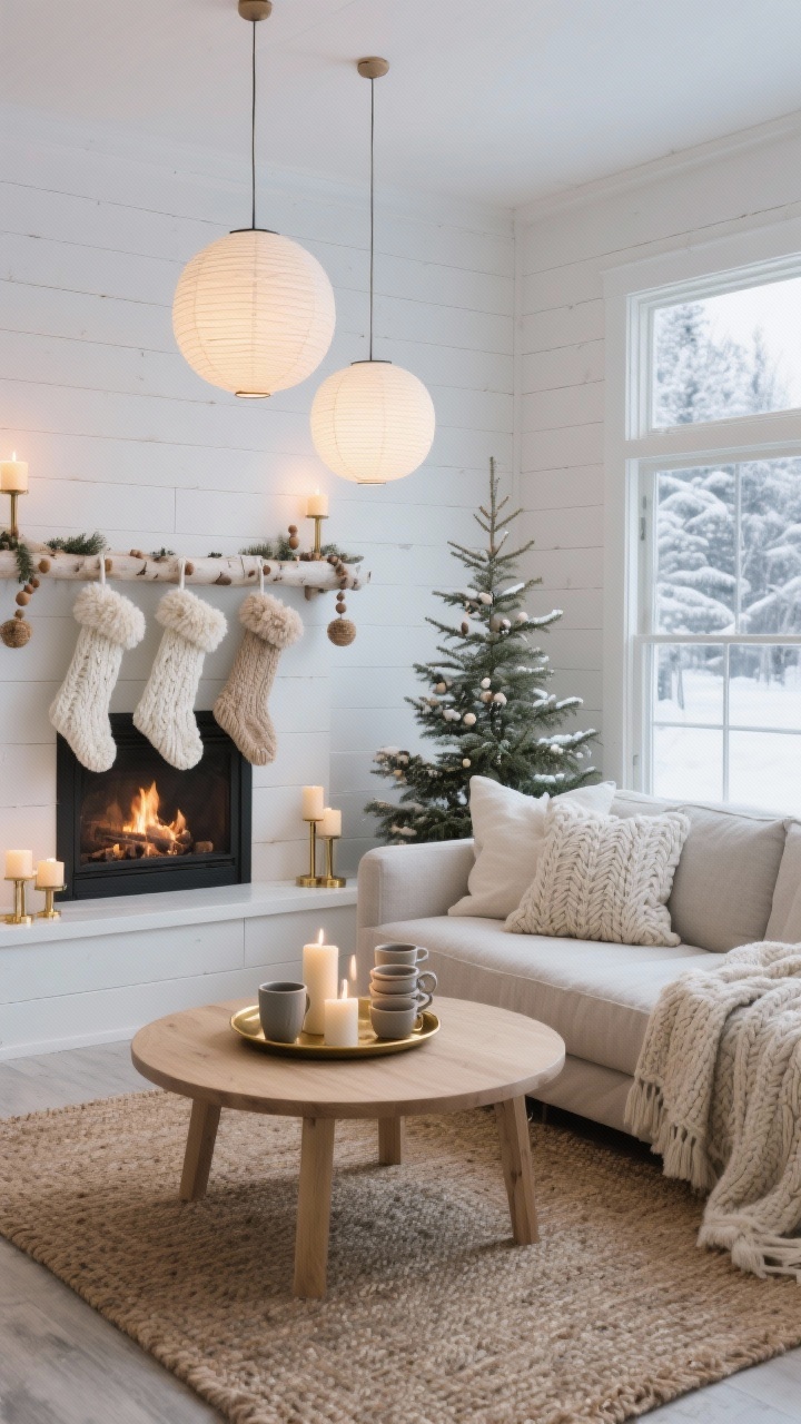 Photorealistic wide living room shot, Nordic Hearth Haven style: a snowy-cabin vibe with creamy whites, stone gray, and honey wood. Pale birch mantel on a whitewashed shiplap wall, hung with chunky knit stockings in ivory and oatmeal with oversized yarn pom-poms. Low-profile linen sofa in natural flax with plush oversized pillows, cable-knit throw. Pale oak rounded-edge coffee table, brass tray of pillar candles and stack of matte ceramic mugs. Paper lantern pendants and brushed brass candleholders casting a warm glow. Sparse Scandinavian-style fir with wooden bead garlands. Woven jute rug underfoot. Minimal accents, soft neutrals, and cozy textures; straight-on perspective with soft evening lighting and shallow snow-glow through windows.