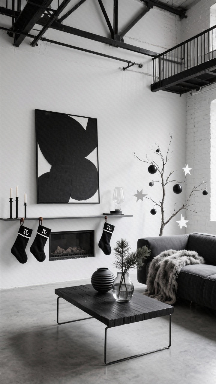 Photorealistic wide loft shot, modern monochrome: high ceilings, black metal railings, concrete floors, tight palette of charcoal, graphite, black, and crisp white. Sleek powder-coated steel mantel shelf with black felt stockings featuring leather tabs and minimalist white stitched initials; flanked by sculptural black taper candles in matte holders. Deep charcoal sectional, blackened wood slab coffee table with thin metal legs. Large abstract black-and-white canvas leaning casually against the wall. Sparse tree decorated with matte black spheres, clear glass, and paper stars. Shearling throw, ribbed ceramics, smoked-glass vase of pine branches on the table. Clean geometry, cool daylight with soft shadows; corner angle to emphasize lines.