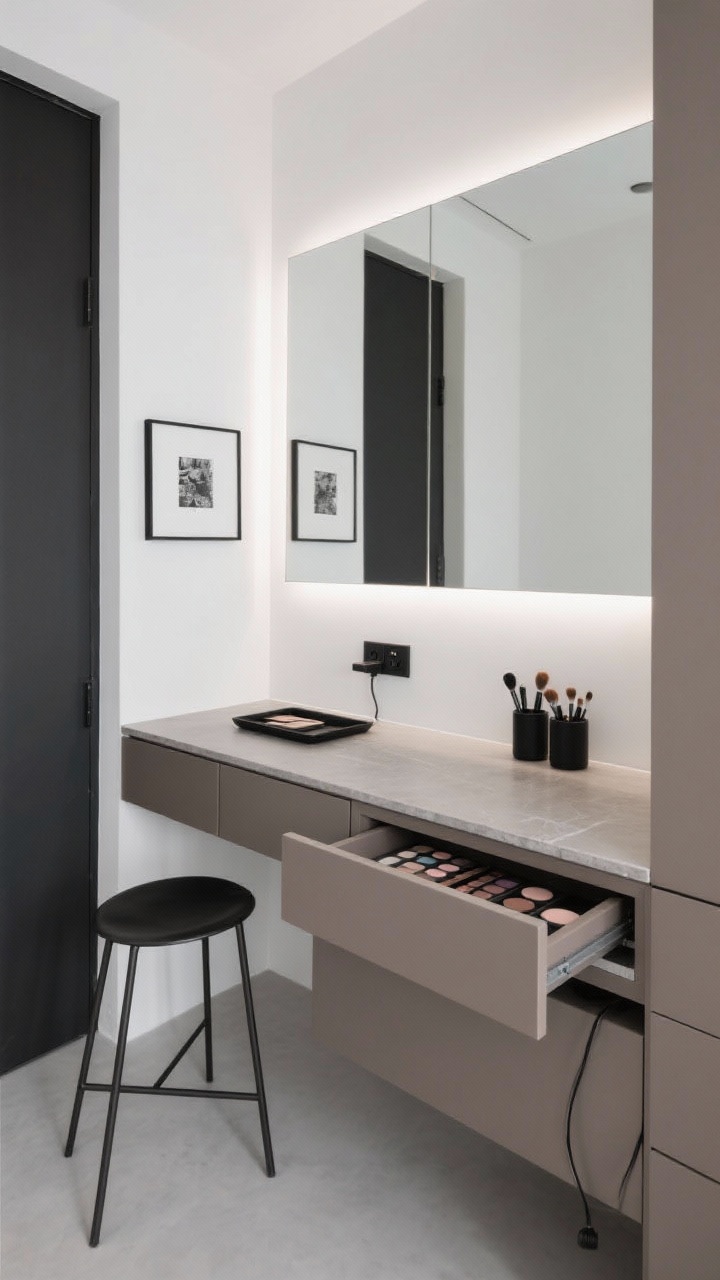 Photorealistic wide, minimal straight-on composition of a built-in vanity niche: a custom matte taupe vanity with handleless drawers and a seamless microcement or quartz top. A perfectly flush LED backlit mirror glows evenly with hidden light source, set against crisp white walls with charcoal accents. Matte black details include a slim metal stool, a simple tray, and tiny hardware. One black-and-white art print is hung nearby. Open drawer reveals custom inserts for brushes and palettes, with an integrated power strip tucked inside to hide cords. Calm, razor-sharp lines, subdued lighting.