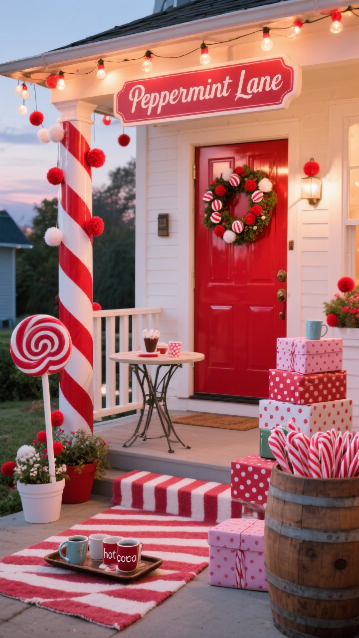 Photorealistic wide, playful straight-on view of a candy-cane-themed porch in early evening: red-and-white striped ribbon spiraling around railings and posts, oversized peppermint lollipops on stakes in planters, a striped runner rug leading to a glossy red front door with a wreath sprinkled with faux peppermint candies and felt pom-poms, red globe lights strung along the eaves for a gentle glow, small bistro table styled with a tray of “hot cocoa” props and enamel mugs, stack of wrapped boxes in polka-dot paper beside a barrel filled with candy-cane picks, a retro “Peppermint Lane” sign; colors cherry red, crisp white, hints of pink.