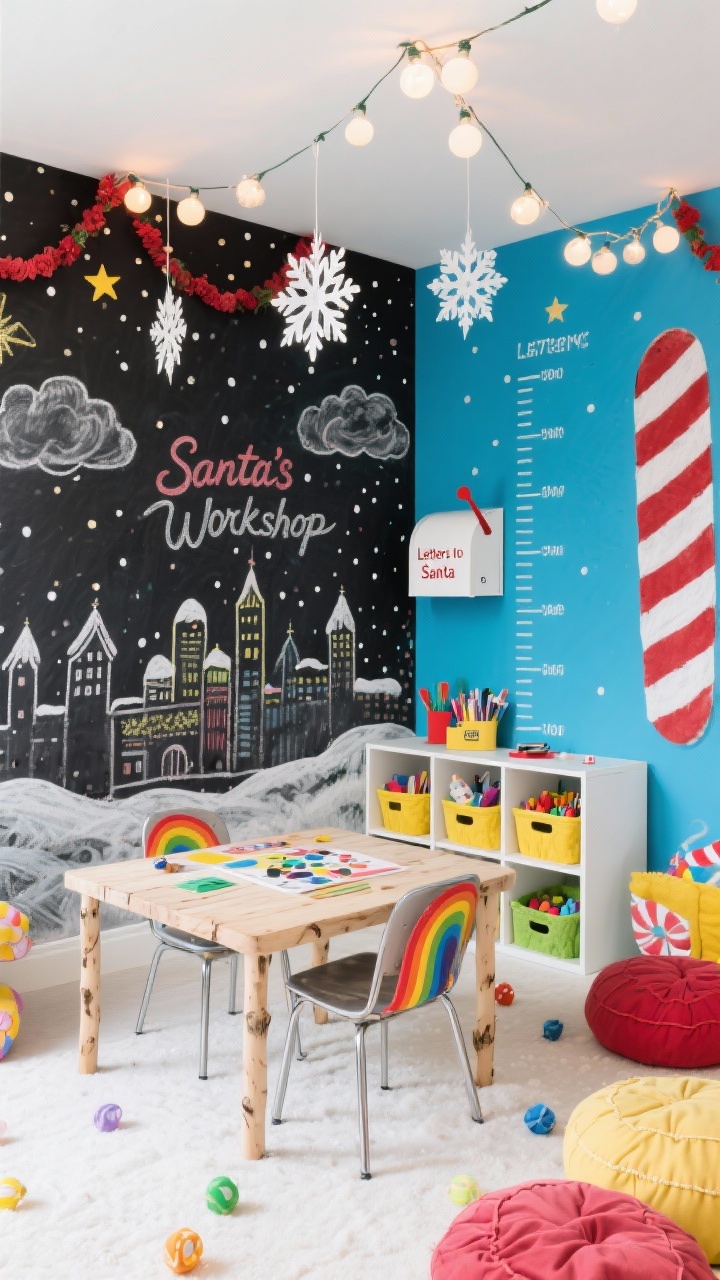 Photorealistic wide playroom wall shot with slight overhead tilt: a full blackboard mural wall featuring a hand-drawn “Santa’s Workshop” skyline, dotted chalk snow across the scene, a chalk growth chart on one side, and a small “Letters to Santa” mailbox mounted below; playful palette of sky blue, cherry red, sunshine yellow, and winter white throughout the room; a low birch craft table centered with rainbow metal chairs, white cube storage with felt bins filled with craft supplies; paper snowflakes hanging from clear thread, felt garlands, oversized floor cushions on the floor; string globe lights zigzag overhead for a soft snowy glow; chalk art mixes regular chalk and chalk pastels for depth—smudged clouds, crisp candy-cane stripes, dotted starry sky; bright, interactive, no people.
