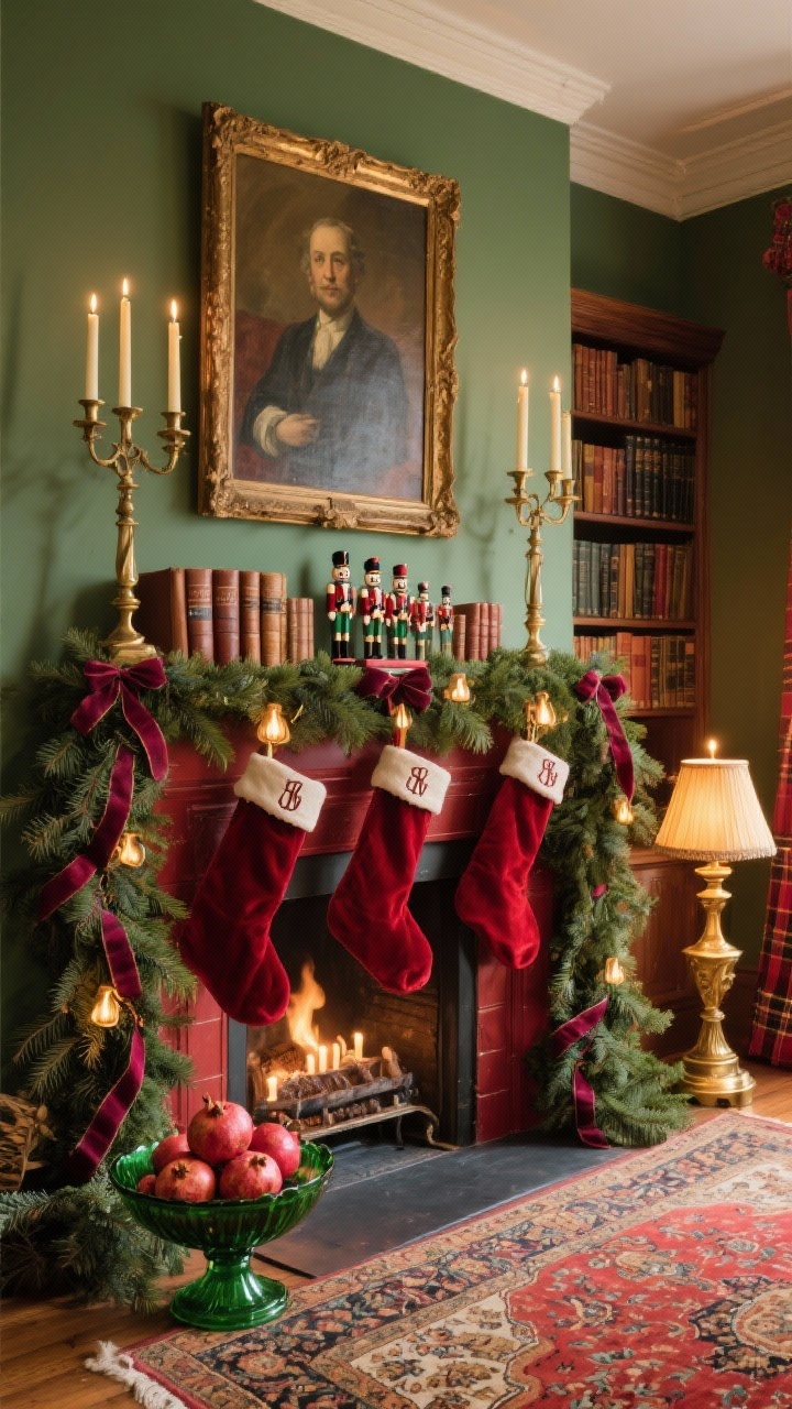 Photorealistic wide room shot angled from a corner, capturing a traditional Heritage Hearth mantle in deep reds, hunter green, and antique brass: a lush cedar and pine garland cascading to the floor with velvet ribbon in garnet woven through, dotted with vintage-style clip-on candle lights; centered above sits an oil painting or vintage portrait, flanked by tall timeworn brass candlesticks; a row of leather-bound books and a miniature nutcracker regiment along the mantle; red velvet stockings with monogrammed tags and plaid cuffs; a green glass compote bowl filled with pomegranates; grounded by a Persian-style rug. Warm, cozy, golden lamp and candlelight evoke old-world library charm.