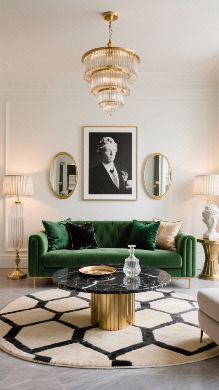 Photorealistic wide room shot, Art Deco glam living room centered on a green velvet sofa against warm white walls; round black marble coffee table with a slim brass base; geometric cream-and-black rug; velvet and satin pillows in emerald, black, and champagne; tiered brass chandelier overhead and two art deco floor lamps with ribbed glass flanking the sofa; oversized black-and-white photography in slim brass frames; mirrored tray with cut-glass decanter on the table; a sculptural bust on a pedestal; soft, dramatic contrast lighting to make metals gleam; pale grey accents, no people