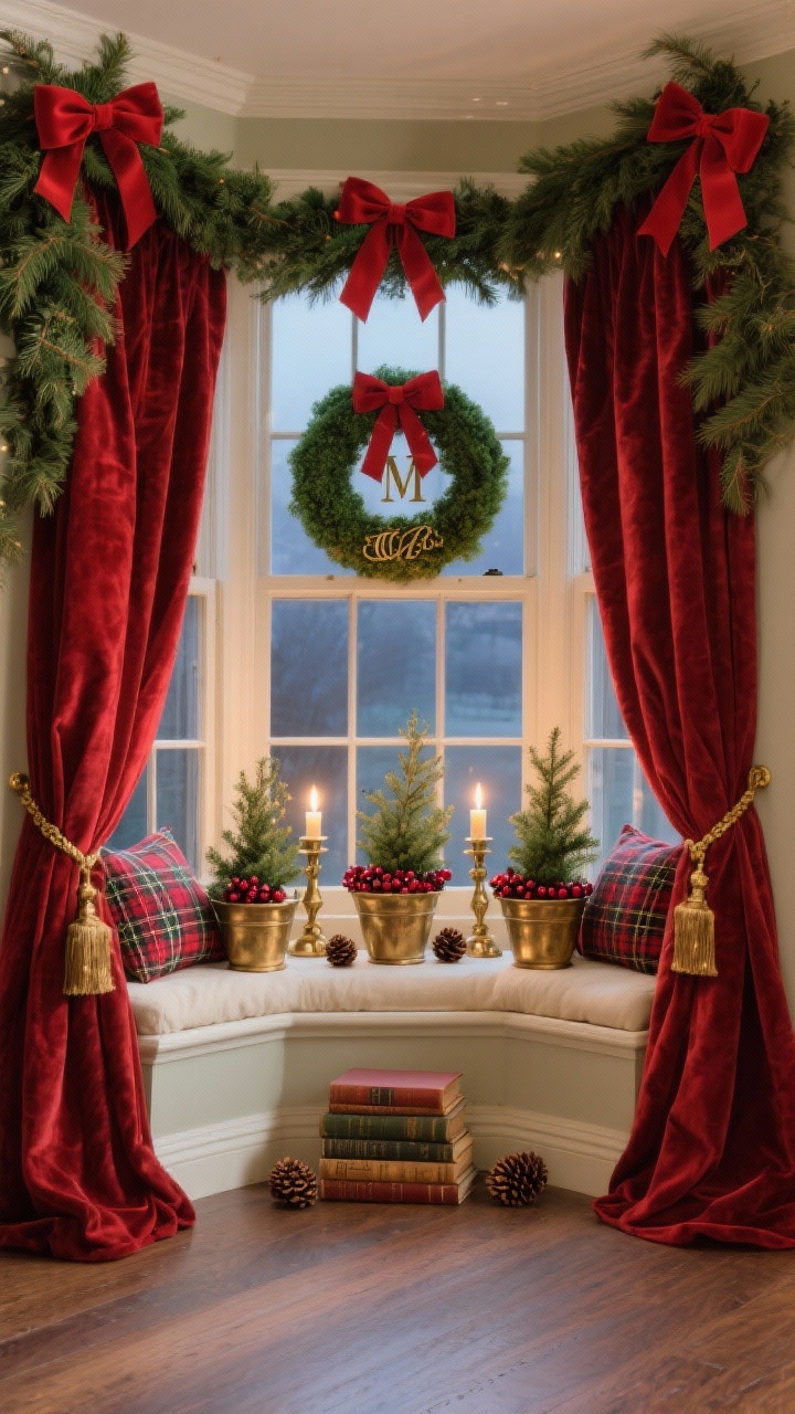 Photorealistic wide room shot from a corner angle of a deep bay window styled with heritage charm: rich red velvet drapes with antique brass tiebacks framing the bay, a fresh cedar garland swaged across the top with satin red bows at the corners, a centered boxwood wreath with a monogrammed ribbon; on the sill, three potted mini evergreens in aged brass planters, their bases wrapped in tartan ribbon with clusters of cranberries and pinecones; candle-style window lights in antique brass bases glowing warmly; add plaid throw pillows on the window seat and a small stacked set of vintage Christmas books; color palette: crimson, hunter green, brass, cream; nostalgic, cozy, holiday-card mood in soft evening light.