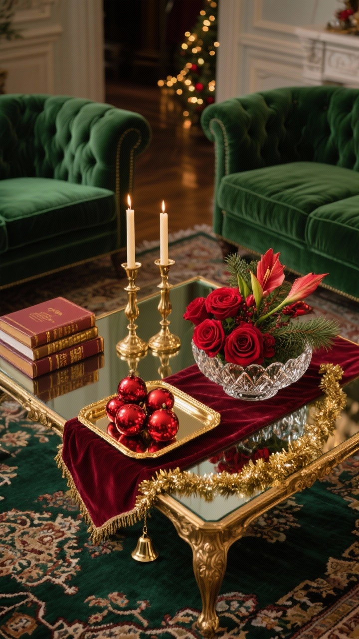 Photorealistic wide room shot of a classic parlor: deep green velvet sofa, Persian-style rug, and an antique brass-framed glass-top coffee table. Across the table, a burgundy velvet runner. Centered on a gold mirrored tray: a cut-crystal bowl brimming with red glass ornaments, brass candlesticks with taper candles, and a low floral arrangement of red roses, amaryllis, and cedar. Nearby, a small stack of coffee table books with gilded spines. Final touch: a delicate gold bell garland draped across the tray edge. Lighting: warm, moody holiday glow that catches crystal and brass. Colors: red and gold with rich greens and burgundy. Perspective: straight-on, slightly elevated to showcase the glossy, opulent surfaces; no people.