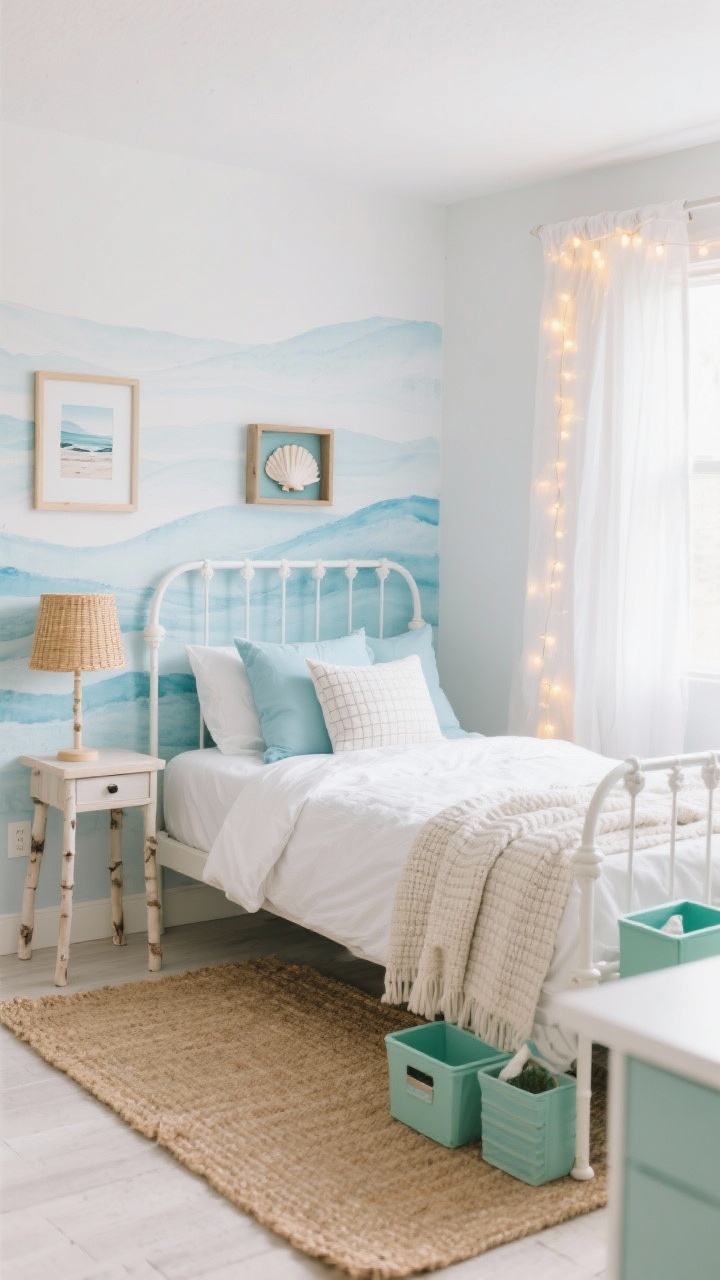 Photorealistic wide room shot of a dorm styled in Coastal Calm: bright white bedding layered with powder blue pillows on a white metal bed frame, a natural jute rug underfoot, slim birch nightstand with a rattan lamp, removable wallpaper accent wall in subtle blue watercolor waves, framed coastal prints and a DIY shell shadowbox, gauzy white curtains filtering soft warm LED string lights that glow like golden hour, waffle-knit throw and linen pillow covers, small sea-green storage bins and a sea-green desk caddy adding light pops, airy and breezy beach-day palette of soft blues, crisp whites, and sand neutrals, corner angle