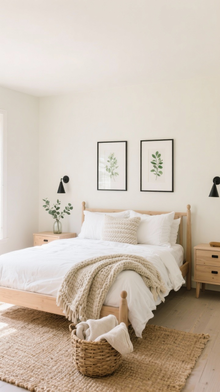Photorealistic wide room shot of a Modern Cottage Calm guest bedroom: creamy walls, light wood bed frame with crisp white percale sheets, textured oatmeal throw, linen euro shams, chunky knit blanket at the foot; palette of warm whites, driftwood beige, and sage accents. Slim shaker-style pale oak nightstands with matte black pulls, cone-shaped sconces flanking the bed, simple botanical prints in thin black frames. Flatweave jute rug grounding the space, woven basket with extra blankets, and a tiny bud vase with eucalyptus on a nightstand. Soft natural morning light, straight-on perspective, calm boutique feel.