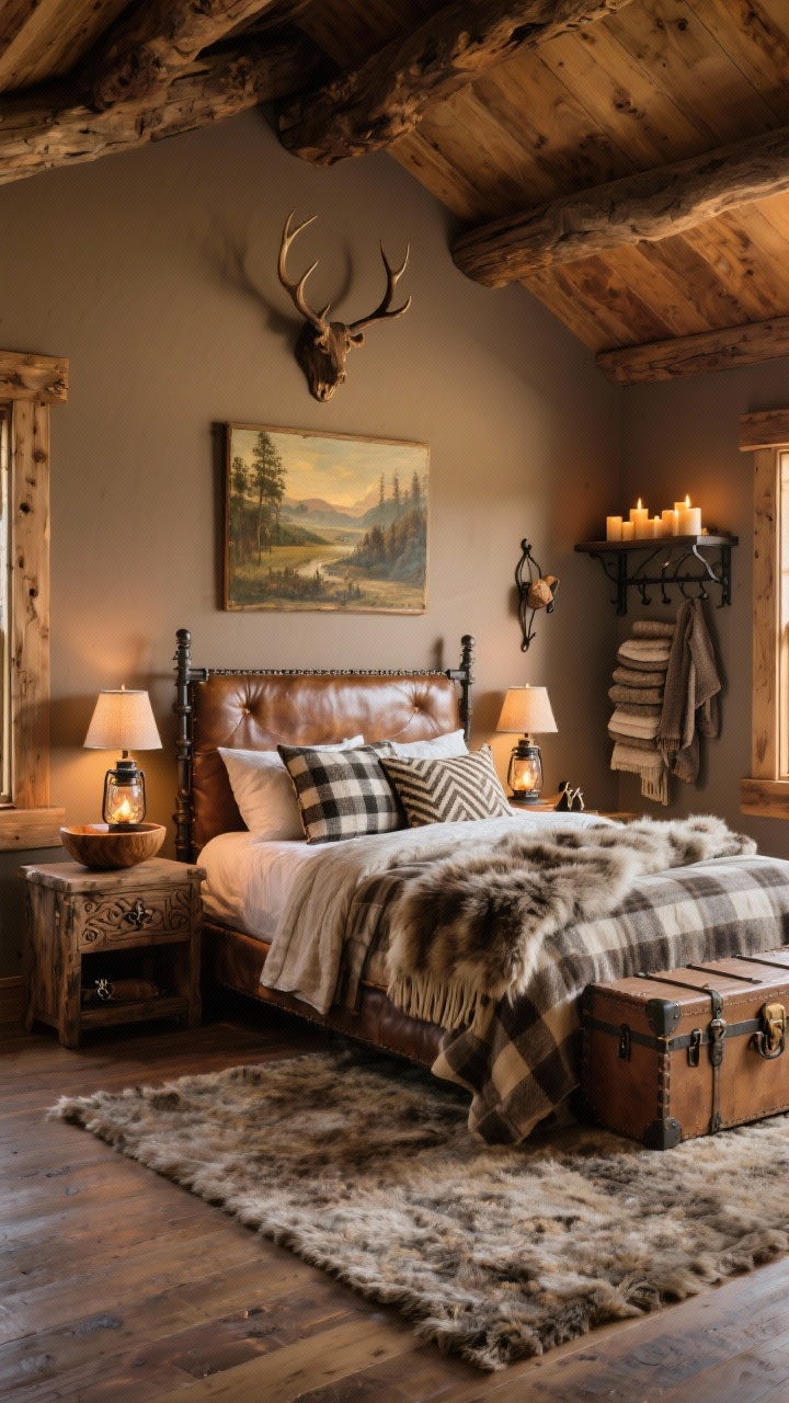 Photorealistic wide room shot of Rustic Lodge Comfort: warm taupe walls, knotty wood tones throughout, iron accents, and a sturdy leather headboard. Bed dressed with flannel sheets, linen duvet, and a faux-fur throw; patterns include buffalo check and herringbone pillows. Lantern-style bedside lamps, carved wood bowl for keys on the nightstand, trunk at the foot for luggage. Vintage landscape oils on the wall and antler-style wall hooks nearby. Cozy high-pile wool rug, cast-iron coat rack with wool blankets, stack of fire-scented candles on a shelf. Warm, golden evening light; angled corner perspective.