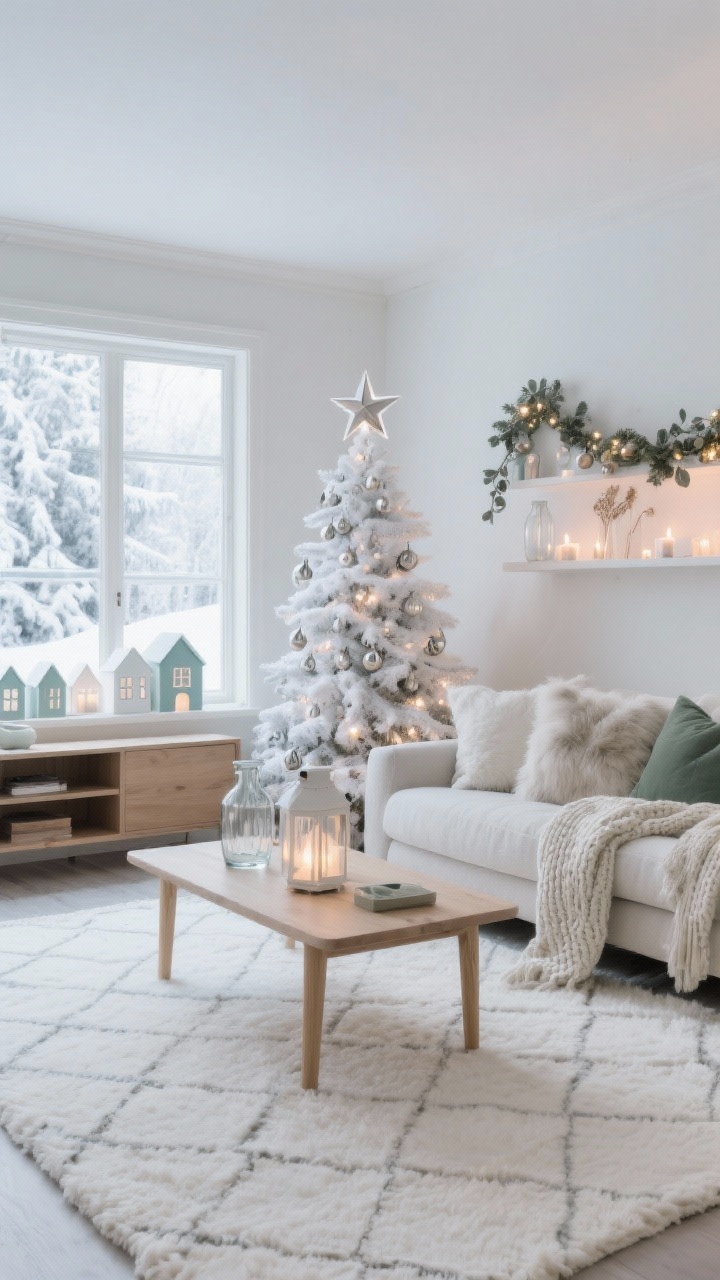 Photorealistic wide room shot, straight-on view: a Nordic Snowfall Serenity living room with a flocked Christmas tree decorated in matte white, clear glass, and brushed nickel ornaments; palette of soft whites, dove gray, and a whisper of sage. Blonde wood coffee table, light linen sofa with chunky knit throws and faux-fur pillows, low-profile oak media console. Ivory wool rug with a subtle geometric pattern underfoot. Paper star lanterns glowing in the window, ceramic house tealight village on a shelf, dried eucalyptus garland draped lightly. Warm white micro-LEDs tucked into clear vases and across shelves; lighting soft and airy like Scandinavian dusk, minimal and modern, no people.