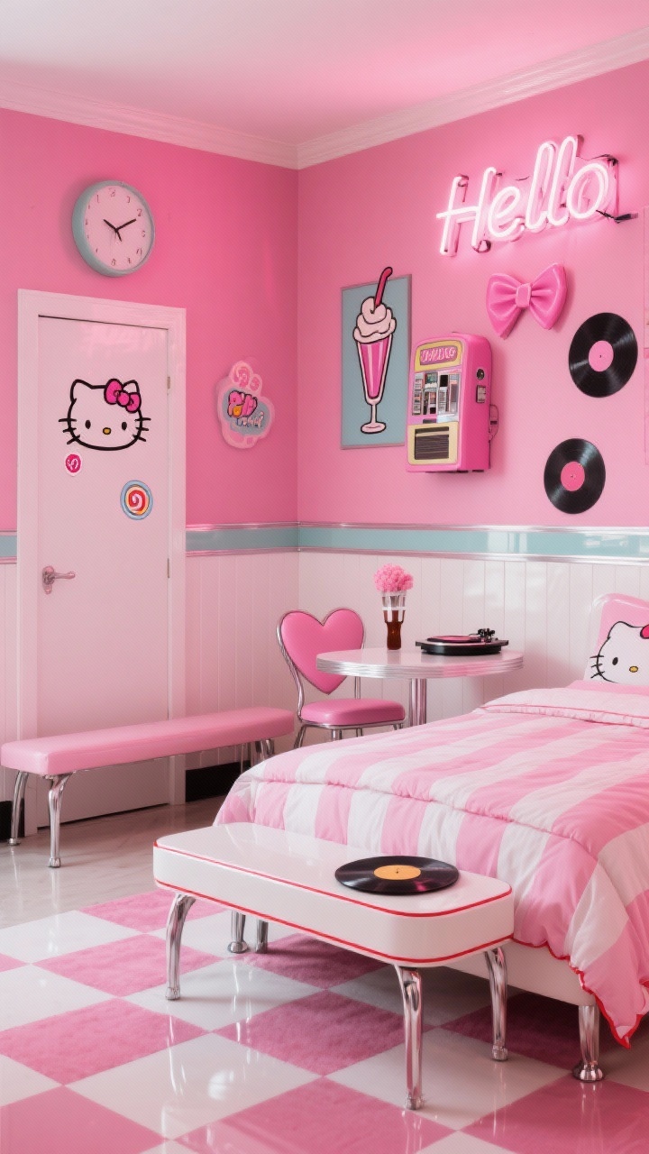 Photorealistic wide room shot with retro pop diner vibe: walls in retro hot pink with glossy white chair rail, lower walls in pink-and-white checkerboard panels; bed with chrome legs and rounded corners, glossy white side table with red piping; candy-stripe pink-and-white duvet; Hello Kitty diner-themed art featuring milkshakes, jukeboxes, and bows; neon “Hello” sign with a pink bow, Kitty-shaped wall clock, vinyl-style stickers on a wardrobe door; retro bench at the foot of the bed, tiny bistro table with heart-back chairs, pink record player, checkered rug; materials include glossy laminates, chrome, vinyl, cotton percale; bright, punchy lighting like a soda fountain, straight-on perspective, no people.