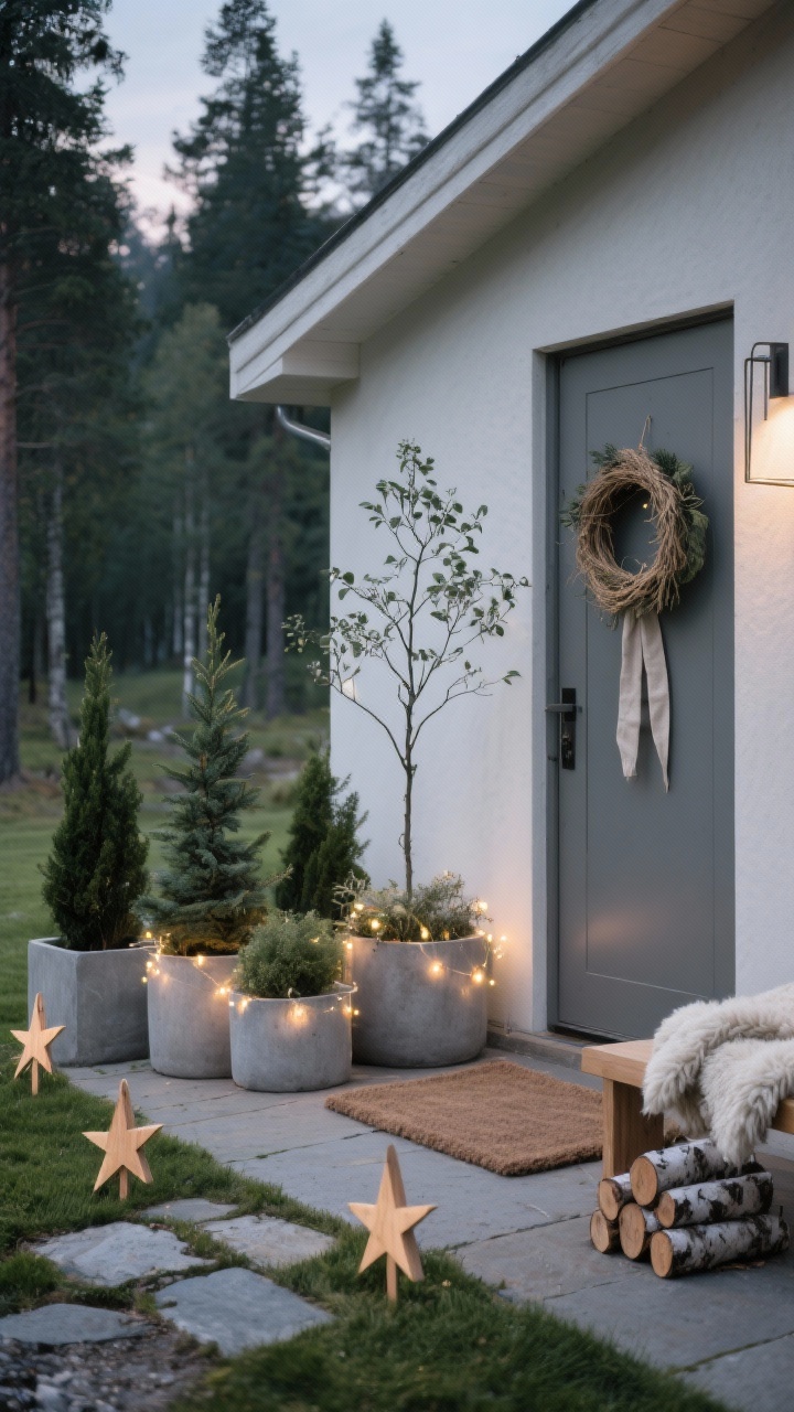 Photorealistic wide shot, corner angle of a Nordic woodland minimalist front yard at dusk: matte concrete planters holding varied-height potted evergreens, draped with subtle warm micro fairy lights; a few wooden star stakes lining a stone path; color palette of soft greys, forest greens, ivory, and raw wood; a restrained eucalyptus or straw Jul wreath on a matte door with a linen ribbon; a single minimal light tree (bare metal frame with delicate LEDs) standing on the lawn; wool-look doormat, a couple of sheepskin throws on a simple outdoor bench, and a small stack of birch logs; serene, uncluttered, soft glow.