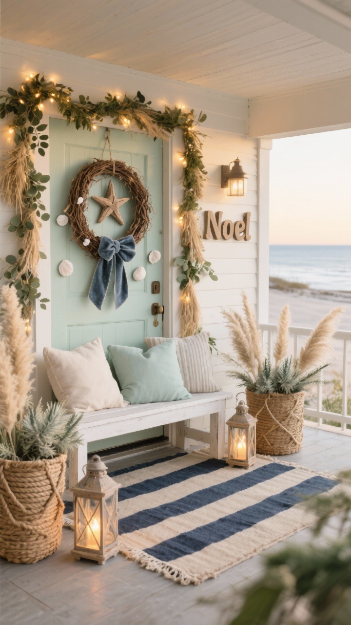 Photorealistic wide shot from a gentle angle of a coastal holiday porch at golden hour: grapevine wreath with blue-gray velvet ribbon, driftwood stars, and tiny white shells on the door, eucalyptus-and-seagrass garland draped around the frame with soft warm micro lights, striped navy outdoor rug anchoring a whitewashed bench stacked with linen pillows in seafoam and sand, tall baskets filled with pampas grass and faux sea holly, rope-wrapped lanterns glowing on the floor, a simple weathered-wood “Noel” sign; color palette seafoam, navy, sand, soft green; breezy, serene seaside mood.