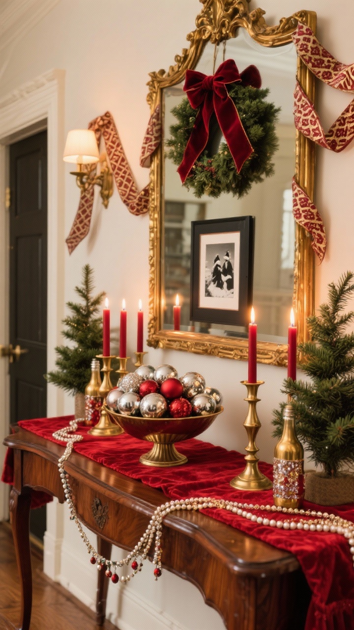 Photorealistic wide shot from a slight corner angle capturing a Vintage Red & Gold Nostalgia entry: a mahogany console with a deep red velvet runner beneath a large gilt-framed mirror. Build height with mixed brass candlesticks holding burgundy taper candles, mercury glass ornaments piled in a footed bowl, and a beaded garland draped like jewelry along the table edge. Add vintage-inspired bottlebrush trees, a small wreath hung from the mirror with velvet ribbon, and patterned ribbon woven through the display. Include a framed black-and-white holiday photo. Color palette: crimson, cherry, antique gold, evergreen. Warm candlelit ambience with rich, dramatic highlights. No people.