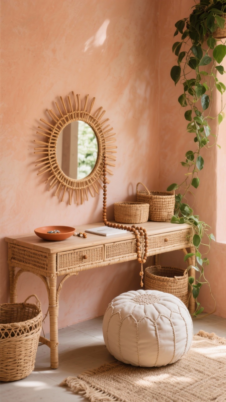 Photorealistic wide shot of a boho rattan vanity sanctuary: rattan writing desk against soft clay/desert peach walls, a sunburst cane mirror centered above. Beneath, a round tufted cotton pouf or macramé stool. Surface styled with a terracotta dish for jewelry and a casually draped string of wooden beads. A woven basket trio for storage beside the desk, a jute runner grounding the scene, and a trailing pothos cascading for vertical softness. Warm, sunlit, texture-rich atmosphere.