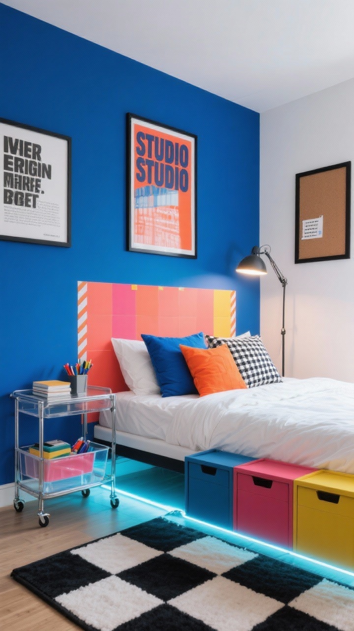 Photorealistic wide shot of a Bold Color Pop Studio: high-contrast color blocking with electric blue, hot coral, and crisp white, grounded by black accents. Graphic headboard made from peel-and-stick color blocks and washi tape. Solid white duvet with stacked pillows in cobalt, neon orange, and checkered patterns. Metal frame bed, acrylic side table, sleek rolling cart for school supplies. Poster wall with bold typography, checkerboard rug, black-framed corkboard. LED strip glow under the bed and a dramatic statement arc lamp illuminating the scene. Three-cube storage unit with color-coded bins. Clean surfaces, vibrant, energetic mood, angled corner perspective.