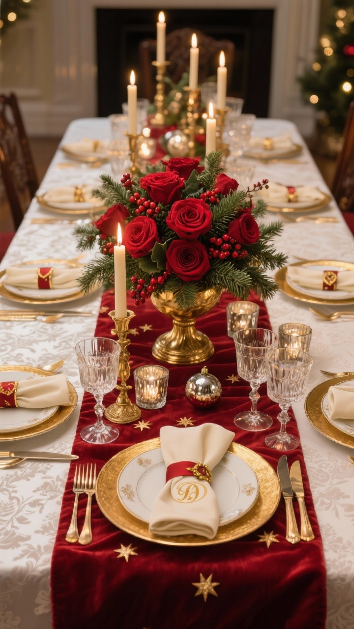 Photorealistic wide shot of a classic, formal Christmas dining table: crisp white damask tablecloth, deep red velvet runner, lush elevated gold-footed centerpiece overflowing with red roses, berries, trailing fir and holly; fine china with gold rims on gold chargers, crystal goblets catching light, cream napkins with gold monogram cinched by ribboned napkin rings, mercury glass votives scattered like stars; tapered candles in vintage gold holders, antique ornaments placed at each setting; palette of crimson, gold, cream, evergreen; sparkling, heirloom atmosphere with warm ambient evening light and candlelight reflections, straight-on view down the table.