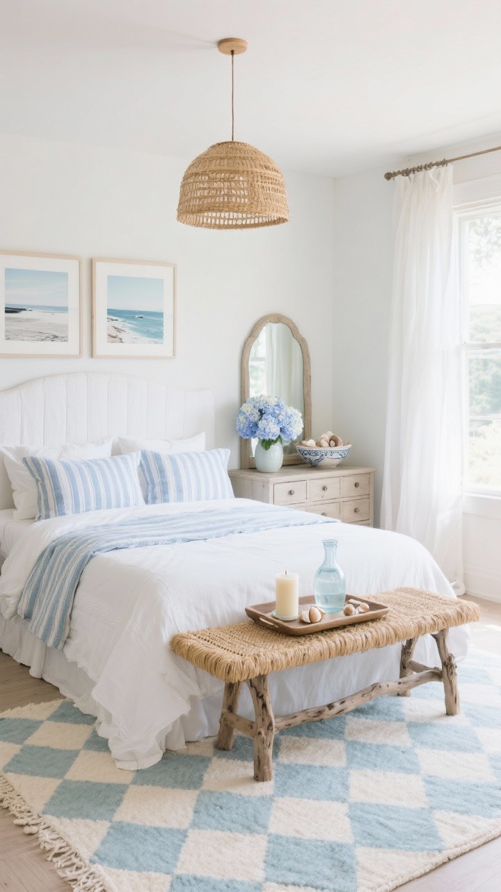Photorealistic wide shot of a Coastal Breeze Retreat bedroom: soft sky blues, chalky whites, and sand neutrals. White slipcovered headboard with stonewashed linen bedding and striped chambray shams. Seagrass bench at the foot, driftwood mirror over the dresser. Sheer white curtains gently moving at an open window, rattan pendant light overhead. Decor includes framed coastal photography and a ceramic bowl of shells. Diamond-pattern dhurrie rug in pale blue and cream, with a tray holding a sea-mist candle, water carafe, and fresh hydrangeas on the nightstand. Bright natural daylight, airy straight-on view.