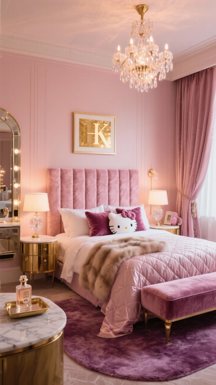 Photorealistic wide shot of a Luxe Pink Hotel Suite bedroom: rosy champagne walls, tall channel-tufted blush velvet headboard, satin sheets, quilted duvet, and a luxe faux fur throw at the foot of the bed. Brass side tables, marble-topped vanity, layered lighting with a statement chandelier and crystal bedside lamps. Plush mauve rug grounding the room, mirrored dresser, velvet bench, draped blackout curtains pooling slightly. Hello Kitty glam touches: framed gold-foil HK art, velvet bow cushions, and a perfume tray with a HK-lidded bottle. Warm, opulent evening lighting with soft highlights on velvet and brass.