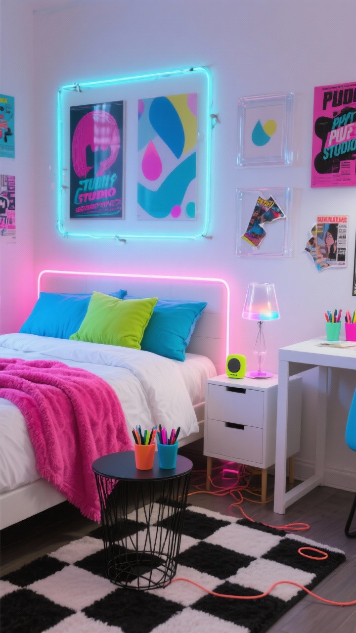 Photorealistic wide shot of a Neon Pop Studio dorm: white duvet as base with electric blue pillowcases, hot pink fleece throw, and a lime accent cushion; black wire side table, white cube storage, clear desk lamp with a color-changing bulb; LED light strip framing the headboard creating vibrant neon glow; wall art of retro pop posters and abstract shapes plus glossy magazine tears in acrylic frames; black-and-white checkerboard rug for punchy contrast; matching neon cord organizers and pen cups on the desk, a small bright-hued Bluetooth speaker as decor, dynamic, high-energy lighting, straight-on angle