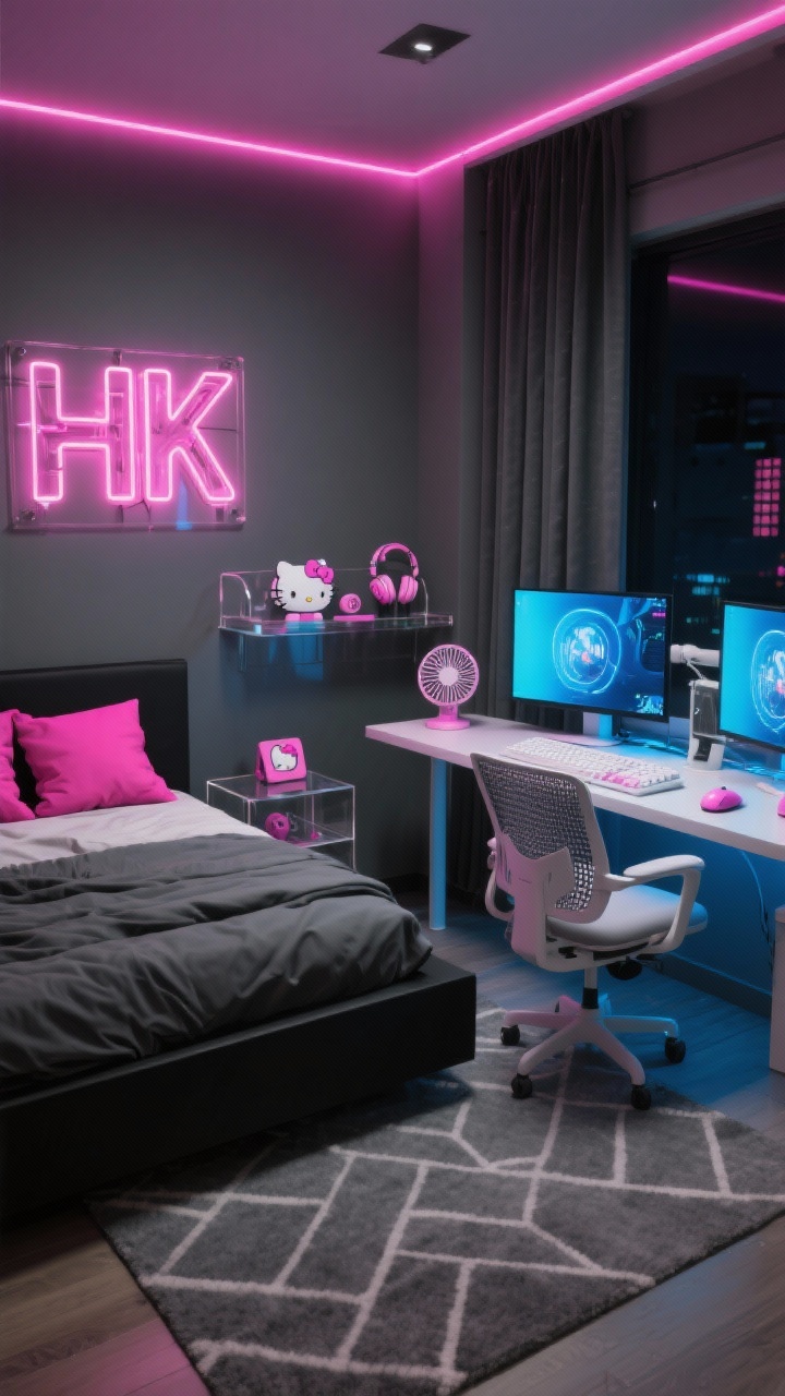 Photorealistic wide shot of a Neon Tokyo Gamer Den: matte charcoal walls, pink LED strip glow behind the bed and desk. Sleek black platform bed with gray bedding and hot-pink throw pillows. Dual-monitor desk setup with white keyboard, pink mouse, mesh chair; clear display shelf holding Hello Kitty tech accessories—headset, mousepad, mini desk fan. Electric blue accent lighting from the monitors, HK neon sign or LED art panel on the wall. Brushed metal details, smoked acrylic elements, gray geometric rug, blackout curtains. Nighttime scene with neon ambience; corner angle to capture both bed and gaming station.