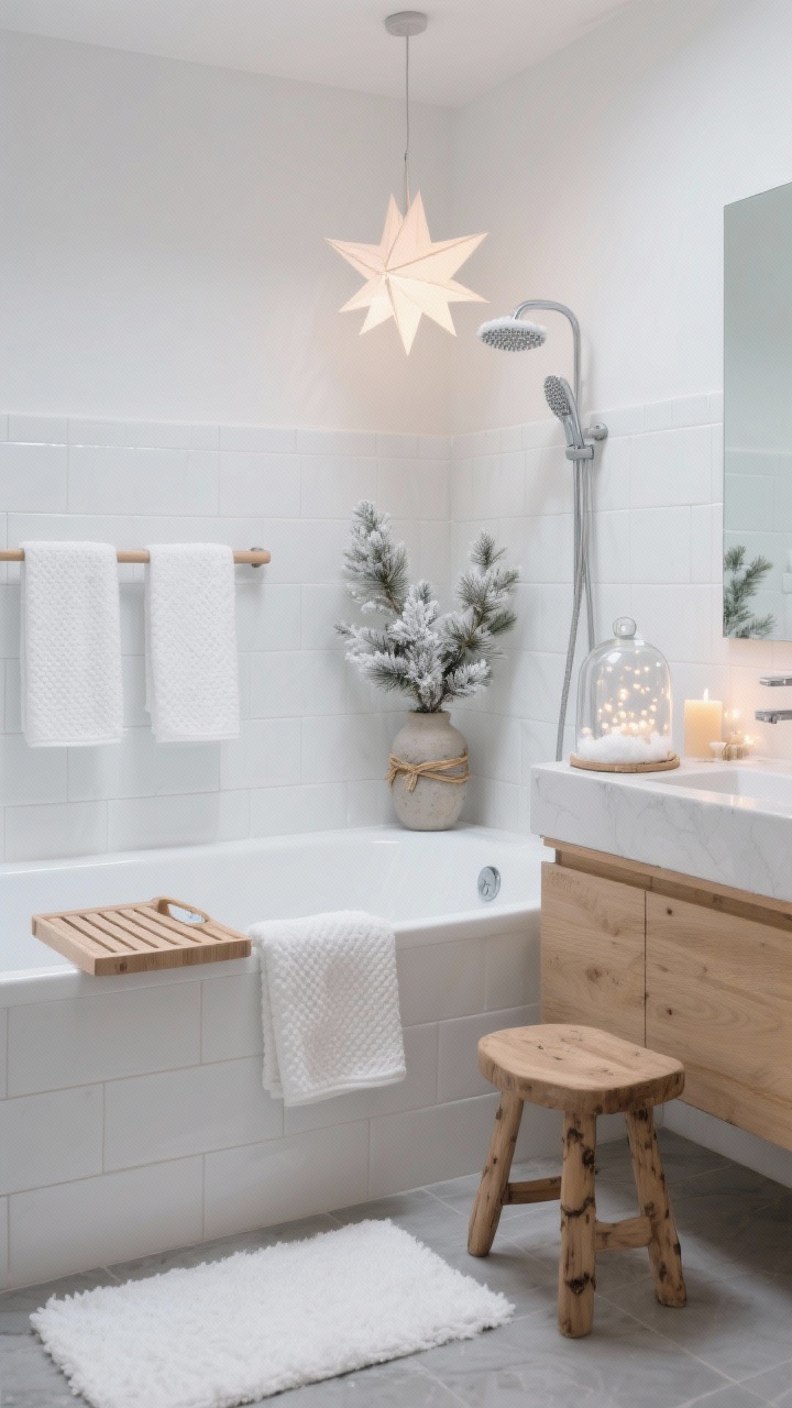 Photorealistic wide shot of a serene “Nordic Snowfall Spa” bathroom: white-on-white subway tile walls, white waffle towels on a pale oak towel bar, a white bath rug, and a teak stool beside a soaking tub. Natural wood accents include a cedar bath caddy over the tub and a slatted wood mat. On the vanity, a glass hurricane holds faux snow, alongside a glass cloche filled with warm-white micro fairy lights and a stoneware vase with frosted pine sprigs. A single paper star lantern hangs above the tub, softly glowing. Palette is snow white, soft gray, pale oak, and clear glass; add a birch-wrapped candle and eucalyptus tied to the shower head. Clean, minimal styling with warm ambient lighting.