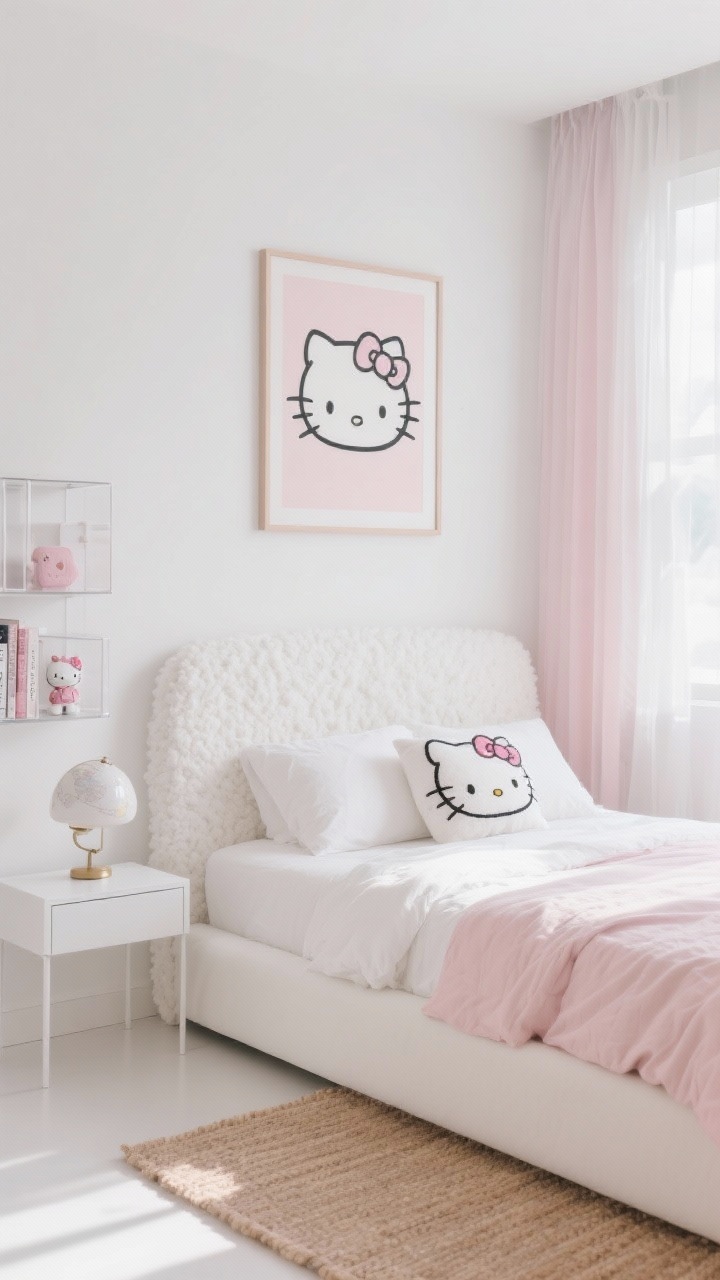Photorealistic wide shot of a Sweet Minimalist Cloudscape bedroom: snowy-white walls with a pale blush accent, low-profile matte white platform bed with a white boucle headboard, fluffy white duvet layered over blush linen sheets, a single Hello Kitty embroidered pillow as the only character accent. Slim white lacquer nightstand with a small globe lamp, simple acrylic bookshelf displaying a few curated collectibles, tiny acrylic display cube with a single Hello Kitty figure. Sheer curtains filtering soft daylight, neutral woven rug in warm beige, one oversized framed Hello Kitty line art print centered on the wall. Calm, airy, gallery-like mood; straight-on view with soft natural lighting and gentle shadows.