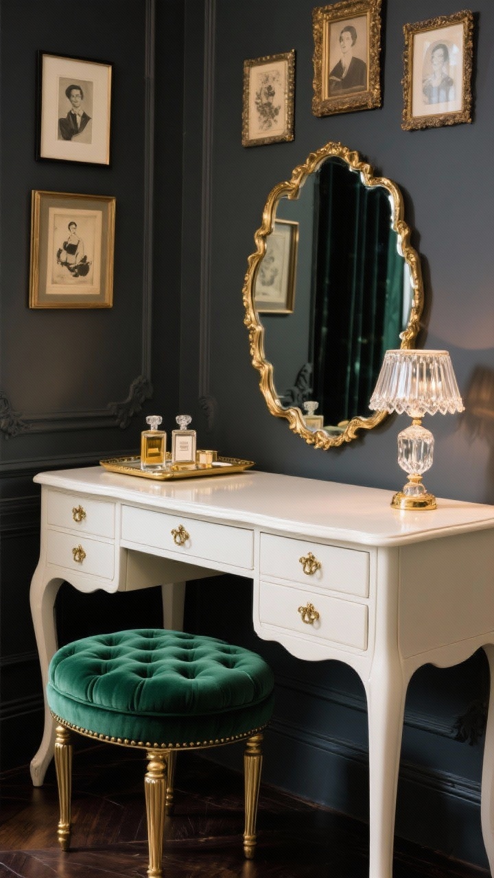 Photorealistic wide shot of a vintage glam desk-turned-vanity: a petite vintage desk in lacquered cream, scalloped mirror with antique-gold frame, velvet channel-tufted stool in emerald, crystal lamp casting a gentle glow. Mirrored trays with perfume bottles, moody charcoal wall backdrop, brass drawer pulls, and a small gallery of vintage frames above. Reflections and subtle sparkle emphasized; Old Hollywood vibes. Balanced composition with soft shadows.