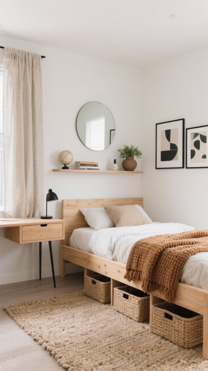 Photorealistic wide shot of a Warm Modern Minimalist dorm bedroom: soft white walls, light-wood bed frame with hidden storage baskets tucked under, low-profile slim-leg desk, wood nightstand, floating shelves; layered caramel and sand textiles including a chunky knit throw, nubby oat area rug, linen-look curtains; round mirror above a slim picture ledge over the headboard holding a few books and a small diffuser; globe lamp and matte black accents; neutral abstract prints in matte black frames; ceramic planter with greenery. Calm, tidy atmosphere with soft natural daylight.