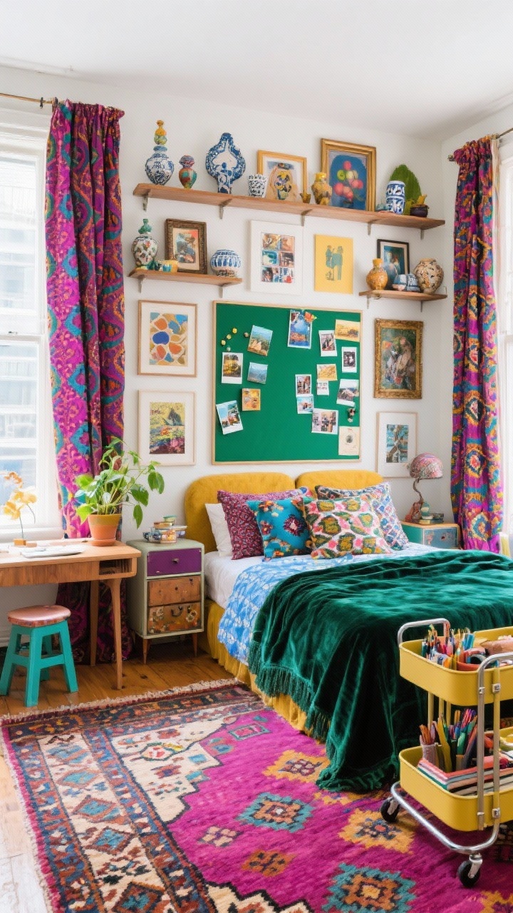 Photorealistic wide shot of an Artsy Eclectic Gallery Room: maximalist pattern mixing and saturated color with a cohesive thread. Hero color emerald featured in textiles; layered jewel tones—magenta, mustard, cobalt. Bed styled with a velvet throw and patterned pillows in varied scales. Mismatched thrifted nightstands, mid-century desk, painted stool as a plant perch. Gallery wall of postcards, prints, and polaroids in mixed frames; ceramic knickknacks on shelves; bold patterned curtains. Persian-style or geometric kilim rug tying colors together. Big pinboard for inspiration and a rolling art cart for supplies. Bright, creative daylight, slight overhead corner angle to show layout, curated not cluttered.