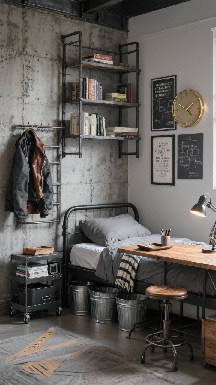 Photorealistic wide shot of an Industrial Academic Loft-inspired dorm: gray bedding on a black metal bed frame; weathered-look wood desk with clamp-on task lights; faux concrete peel-and-stick panel behind the bed; metal bookcase and a ladder rack for jackets; rolling utility cart for books and tech; galvanized bins under the bed; drafting stool at the desk; blueprint-style art and typographic prints; desk clock with brass hands; striped wool throw softening the bed corner; leather valet tray and metal pen cup on the desk. Cool, directional lighting with an urban studio vibe.