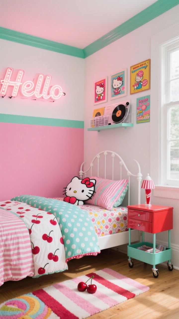 Photorealistic wide shot, “Retro Candy Shop Color Burst”: bedroom with a bubblegum pink half-wall and white upper wall, mint green trim, white vintage-style metal bedframe with curved lines, pattern-mixed bedding including polka dots, stripes, and cherries anchored by a Hello Kitty duvet, candy-striped area rug, red lacquer nightstand, mint rolling cart for storage, marquee-style “Hello” sign glowing, gallery wall of retro Hello Kitty ads, record player on a shelf with acrylic vinyl storage; bright daytime lighting, playful 70s soda fountain vibe; corner perspective.
