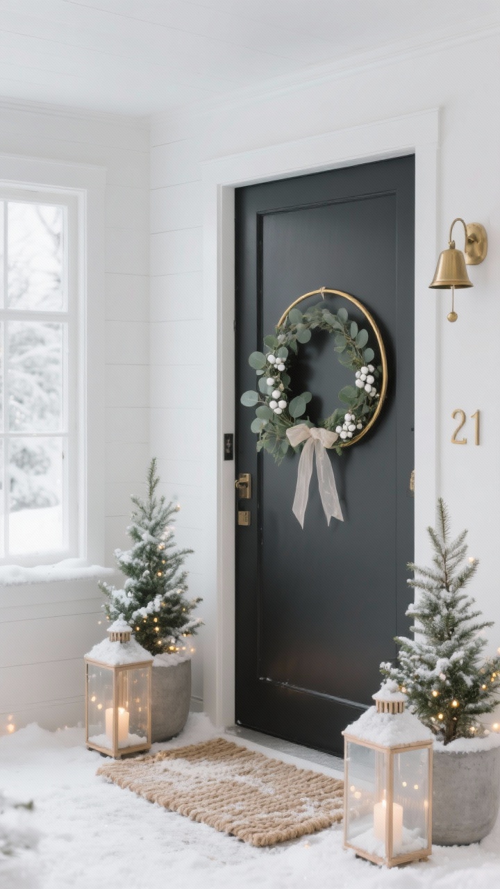 Photorealistic wide shot, slightly angled corner perspective of a Nordic Minimalist entry in fresh “snow moment” light: a matte black door (or cool gray) with a slim gold hoop ring wreath styled with eucalyptus, white berries, and a gauzy ribbon; no heavy garland, just clean lines; two potted dwarf spruces in light natural wood or concrete planters dusted with faux snow and sprinkled with micro LED lights; woven jute or cream wool doormat; frosted glass lanterns with tea lights placed symmetrically; minimal house number sign and a single cluster of brushed brass hanging bells; palette of white, soft gray, muted green, natural wood, brushed gold; crisp, diffuse daylight for quiet luxury; no people.