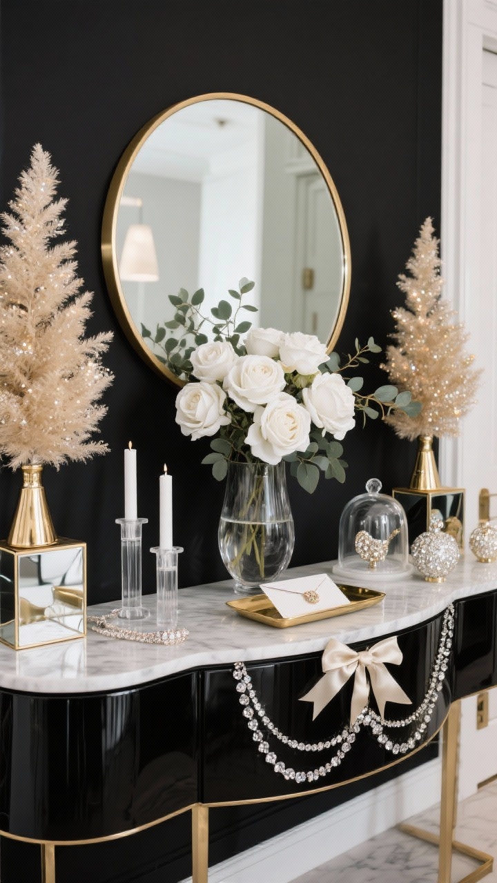 Photorealistic wide shot, straight-on glam entry tableau: a lacquered black console (or marble-topped table) beneath a round thin-brass-framed mirror. Center a striking white floral arrangement—white roses or faux peonies with glittered eucalyptus—in a smoked glass vase. Flank with champagne-toned bottlebrush trees and mirrored boxes that reflect light. Drape a delicate crystal garland like jewelry, add clear acrylic candleholders with white candles, and display ornament cloches showcasing a few stunning pieces. Place a slim lacquer or brass tray for mail topped with a satin ribbon bow. Color palette: black, white, champagne, soft gold, clear glass. Crisp, glamorous lighting with controlled sparkle and reflections. No people.