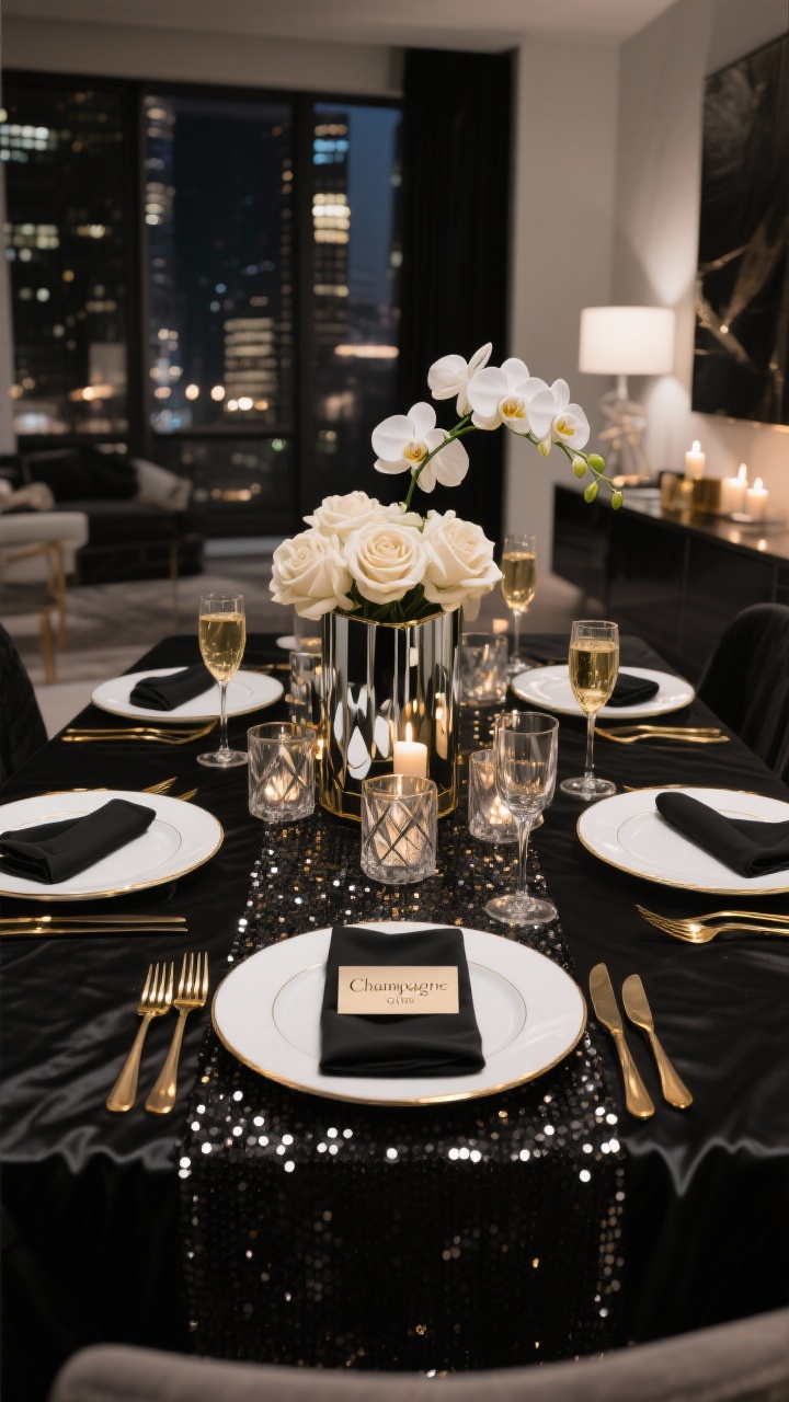 Photorealistic wide shot, straight-on view of a “Champagne City Glam” dining table in a modern apartment at night: black satin tablecloth with a champagne sequin runner; white porcelain plates with gold rims and gold flatware; black napkins folded into sharp rectangles holding a slim champagne-hued place card with metallic ink. Low mirrored trough centerpiece with white orchids (or cream roses), surrounded by smoky glass votives and geometric candle holders; a few elegant champagne coupes ready for toasts. Color palette: black, white, champagne, gold. Textures: satin, sequins, mirrored surfaces, fine porcelain. Glossy city-glow lighting with reflections and soft candlelight; no people.