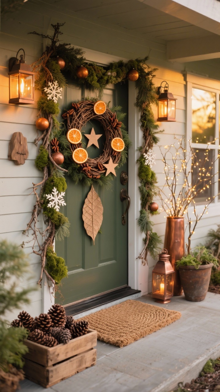 Photorealistic wide, slightly overhead porch view capturing Woodland Whimsy: a natural grapevine wreath adorned with dried orange slices, star anise, clove-studded pomanders, and cedar sprigs; foraged-style garland draped imperfectly around the doorway with mossy accents, twigs, and a few wooden stars or paper snowflakes; warm copper lanterns casting soft amber light; a woven leaf or jute doormat; a rustic crate filled with pinecones beside the door; tall planters or vases with fairy light branches adding magical sparkle; palette of moss green, cinnamon, copper, natural brown, soft amber; atmospheric golden dusk lighting emphasizing organic textures and seasonal scents; no people.