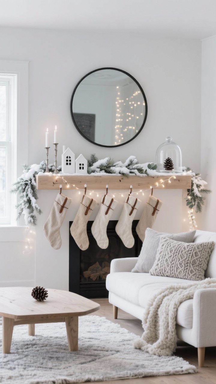 Photorealistic wide, straight-on living room shot capturing “Nordic Snowfall Serenity”: a pale oak mantle styled with a long, low white faux pine garland lightly dusted with faux snow and tucked eucalyptus sprigs; warm white micro-LED fairy lights woven through. Linen stockings in oatmeal and cream with minimalist leather loops hang neatly. Above, a scandi-style round mirror with a thin black frame reflects twinkle lights. On the mantle: matte white ceramic houses, brushed nickel candlesticks, and a clear glass cloche covering a single pinecone. Room elements: low-profile ivory sofa with a chunky shearling throw, pale oak coffee table, nubby wool rug in light gray, pillows in cable knit and soft bouclé. Cool, airy palette of soft whites, pale grays, and bleached wood; quiet luxury mood, soft evening lighting.