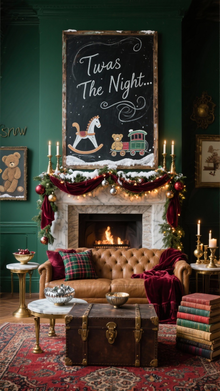 Photorealistic wide straight-on mantel scene: a large distressed-framed blackboard over the fireplace with chalk illustrations of vintage toys (rocking horse, teddy bear, train) and a swirling cursive heading reading “’Twas The Night…”, faint chalk “snow” dusting along the mantel edge; color story of deep forest green walls, burgundy accents, and aged brass; tufted camel leather sofa facing the mantel, Persian rug in rich reds and greens, plaid pillows and velvet throws; brass-and-marble side tables, vintage trunk coffee table; mantel garland layered with velvet ribbon and woven with warm fairy lights, mercury glass ornaments in bowls, stacks of old books by color; taper candles in mixed brass holders glowing softly; moody, romantic holiday ambiance, no people.