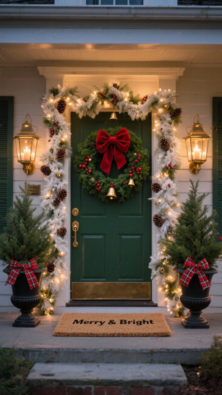 Photorealistic wide, straight-on shot of a stately colonial front porch at dusk: deep green wreath centered on the door with a plush velvet red bow, warm-white garland thick with pinecones, holly berries, and little brass bells wrapped around the doorframe, two matching potted evergreens in black urns tied with plaid ribbon flanking the entry, layered doormat moment with a jute base and a “Merry & Bright” coir mat on top, vintage-style brass-toned lanterns with LED candles on either side; palette of classic red, deep green, and warm brass, soft warm lighting that makes the garland glow, no people.
