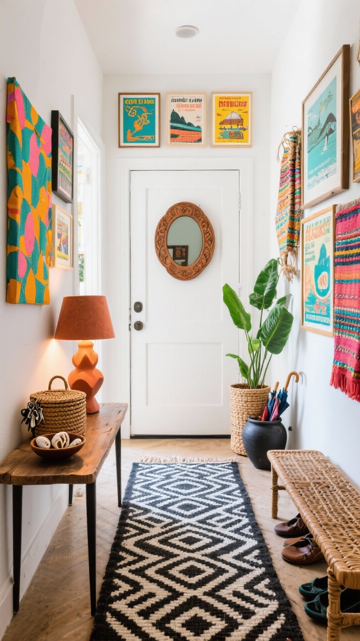 Straight-on entryway shot, Eclectic Entryway With Market Energy: bold, joyful foyer anchored by a black-and-white geometric runner. Slim rustic console table with a woven lidded basket for keys, sculptural terracotta lamp aglow, and a small bowl of cowrie shells. Above, a gallery wall of brightly patterned prints and vintage travel posters; a round carved wood mirror reflecting light. Tall woven hamper for umbrellas, low rattan bench for shoes. Pops of turmeric, coral, and teal in the artwork and textiles. Snake plant in a black clay pot adding height and texture. Photorealistic, bright daytime light.