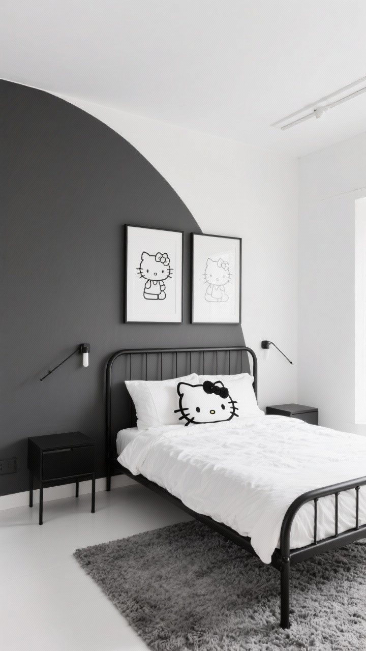 Straight-on medium shot — Monochrome Minimalist Kitty Loft: A sleek black-white-gray bedroom with bright white walls and a single charcoal accent wall behind a low black metal bed frame, crisp white bedding topped with a black Hello Kitty outline duvet and one small pillow with a subtle bow motif, matte black nightstands with minimal surfaces, a slim linear wall sconce in place of table lamps, two oversized black-and-white gallery frames featuring minimalist Hello Kitty sketches, and a loop-pile gray rug underfoot; matte metal, smooth cotton, and wool textures; calm, architectural lighting.