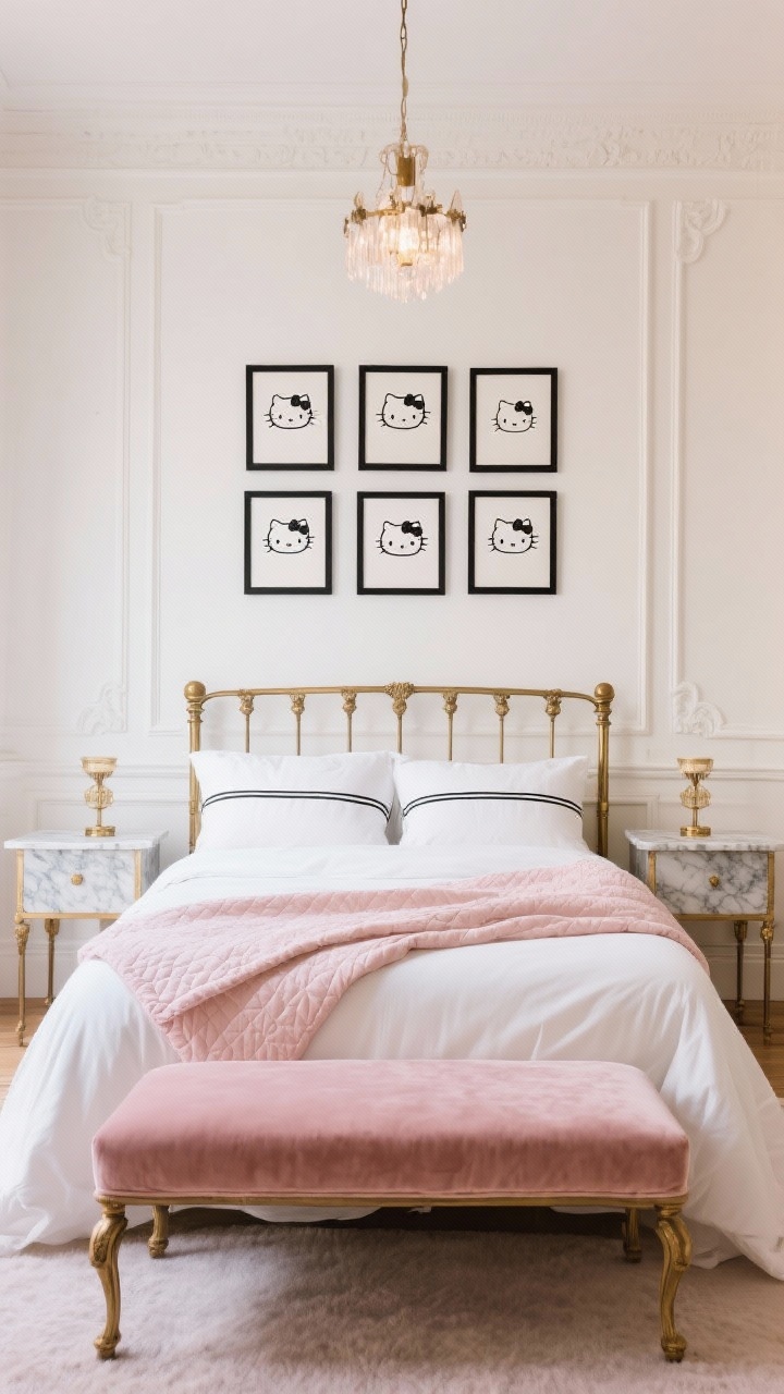 Straight-on medium shot, Parisian Kitty Chic bed wall: creamy ivory walls with removable molding strips adding classic architecture; antique-style metal bed frame in brushed gold; white linen sheets with crisp black piping and a pale-pink quilt folded at the foot; a gallery arrangement of minimalist Hello Kitty line art in black frames above the headboard; marble-topped side tables with small brass details; petite chandelier overhead casting warm light; a blush velvet bench at the foot of the bed; textures linen, velvet, marble; palette ivory, blush, black, brushed gold; elegant, grown-up ambiance.