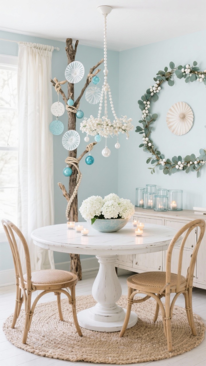 Straight-on medium-wide, Coastal Calm Dining Nook: A bright dining nook with a slim tree beside a round whitewashed pedestal table, cane-back chairs, and a jute rug. The tree features sea-glass blues and pearlescent whites with driftwood accents: capiz disc ornaments, matte pale blue baubles, mini rope knots; faux eucalyptus garland with tiny white berries; topped with a delicate shell-and-pearl spray that keeps the profile tall and airy. On the table, a low bowl of white hydrangeas with scattered tea lights. Linen curtains filter soft coastal daylight; a sideboard holds a cluster of glass hurricanes. Fresh, breezy, no kitsch, photorealistic.