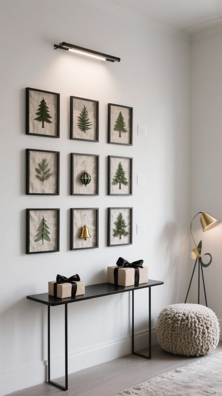 Straight-on wall shot, photorealistic: A minimalist gallery wall turned holiday “forest” with a precise grid of 9–12 shadowbox frames, each on natural linen backing holding a single element—pressed greenery, handmade paper ornaments, tiny brass bells—floating cleanly. A slim black-metal console beneath holds neutral gift boxes tied with black satin. To one side, a low boucle pouf; to the other, a sculptural modern floor lamp. Palette: black, white, natural linen, metallic brass. Materials: glass, metal, linen, handmade paper. Lit by a picture light or track spotlight that makes the wall glow like a curated exhibition, crisp shadows, no people.