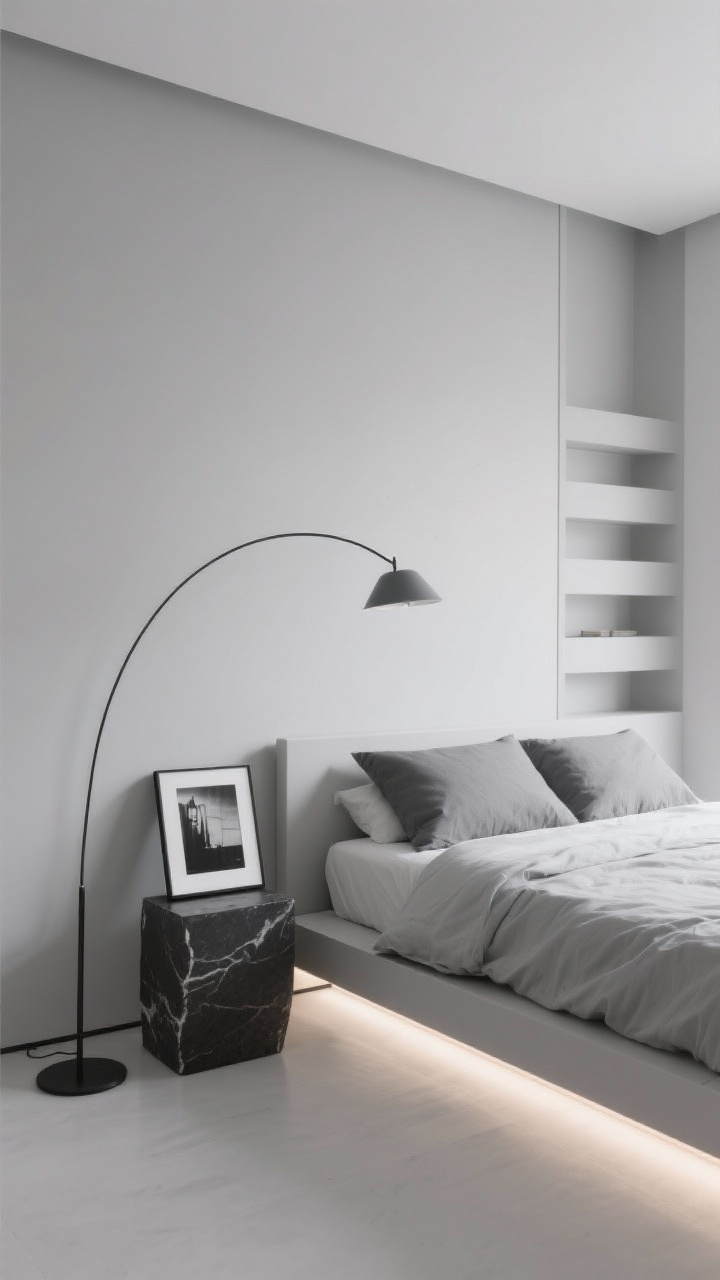 Straight-on wide shot, minimalist monochrome: cool dove grey walls, floating bed frame with integrated shelves, tonal bedding with light grey duvet and darker grey shams, no clutter; sculptural arc floor lamp sweeping over the bed, low black stone side table, single oversized black-and-white photograph with wide matting; hidden LED strip under the bed casting a soft halo on the floor; crisp, clean, high contrast with optic white accents; photorealistic.